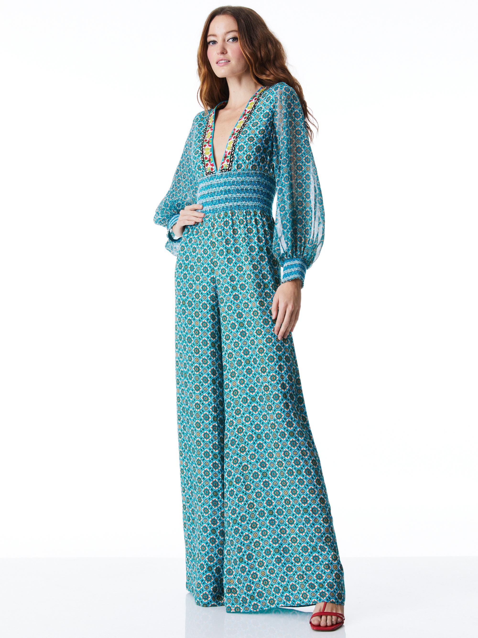 REBA SMOCKED WAIST WIDE LEG JUMPSUIT - 4