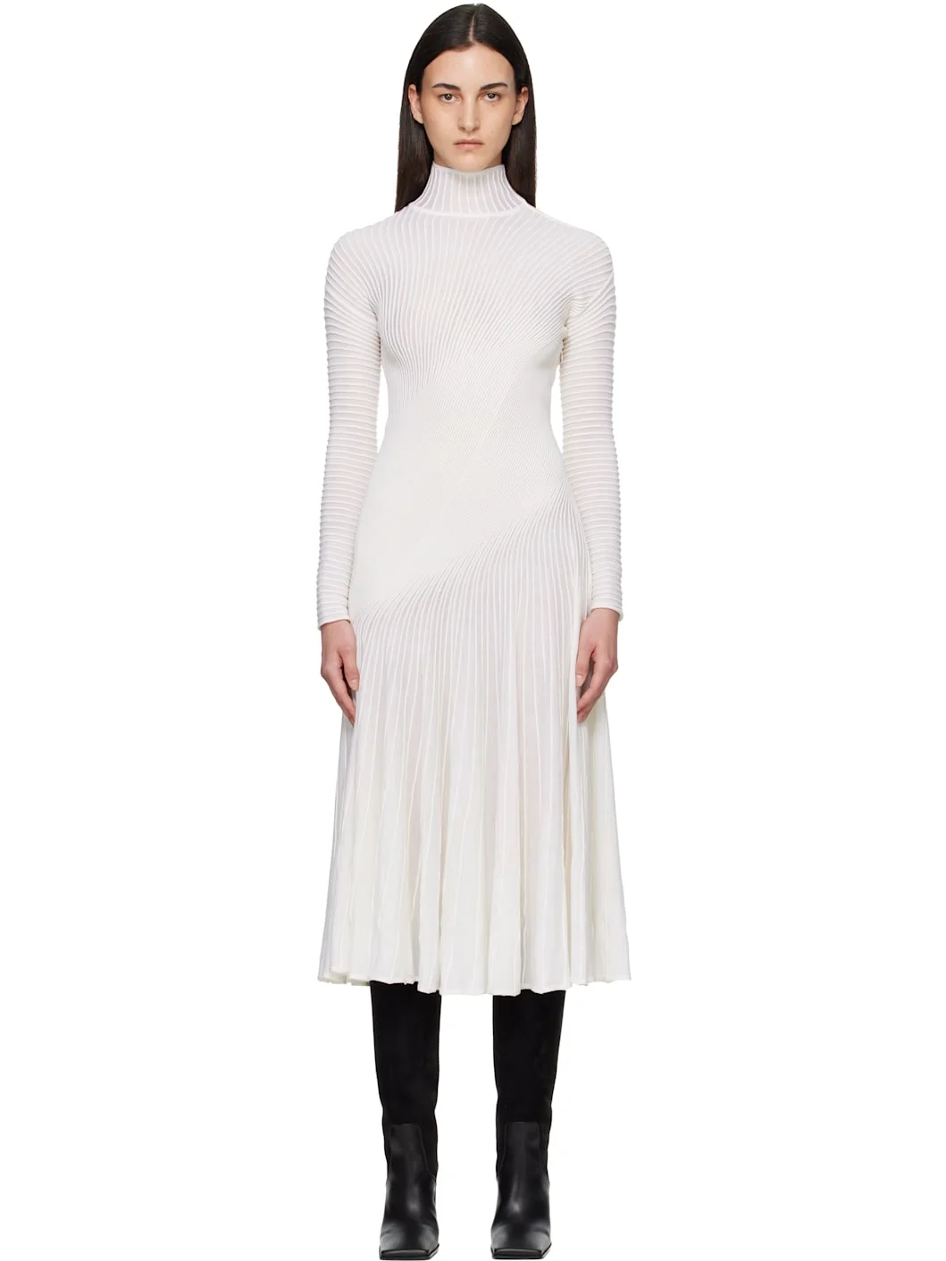 White Twisted Fine Wool Midi Dress - 1