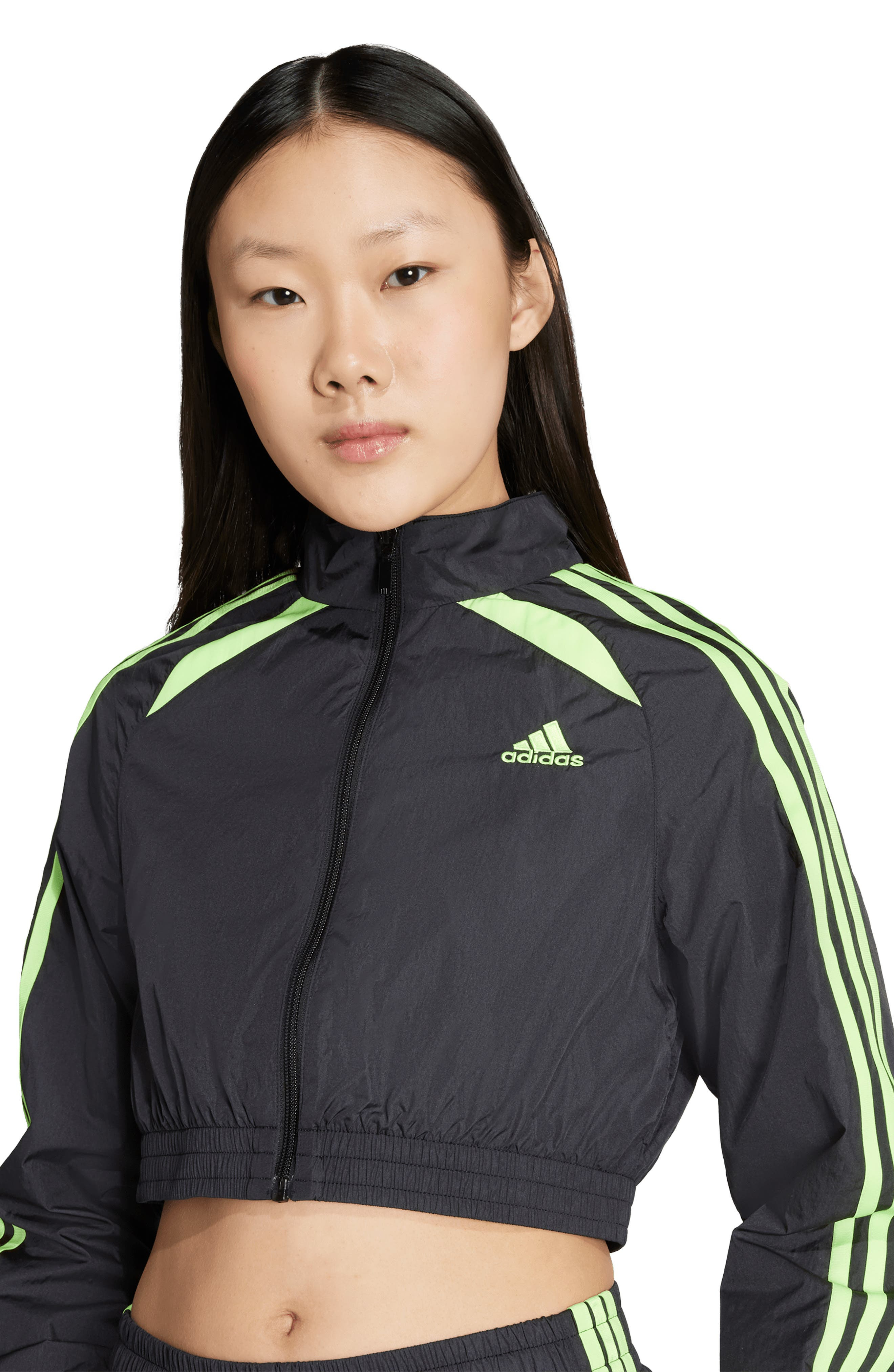 adidas Teamgeist Recycled Polyamide Crop Track Jacket in Black/Signal Green at Nordstrom - 6