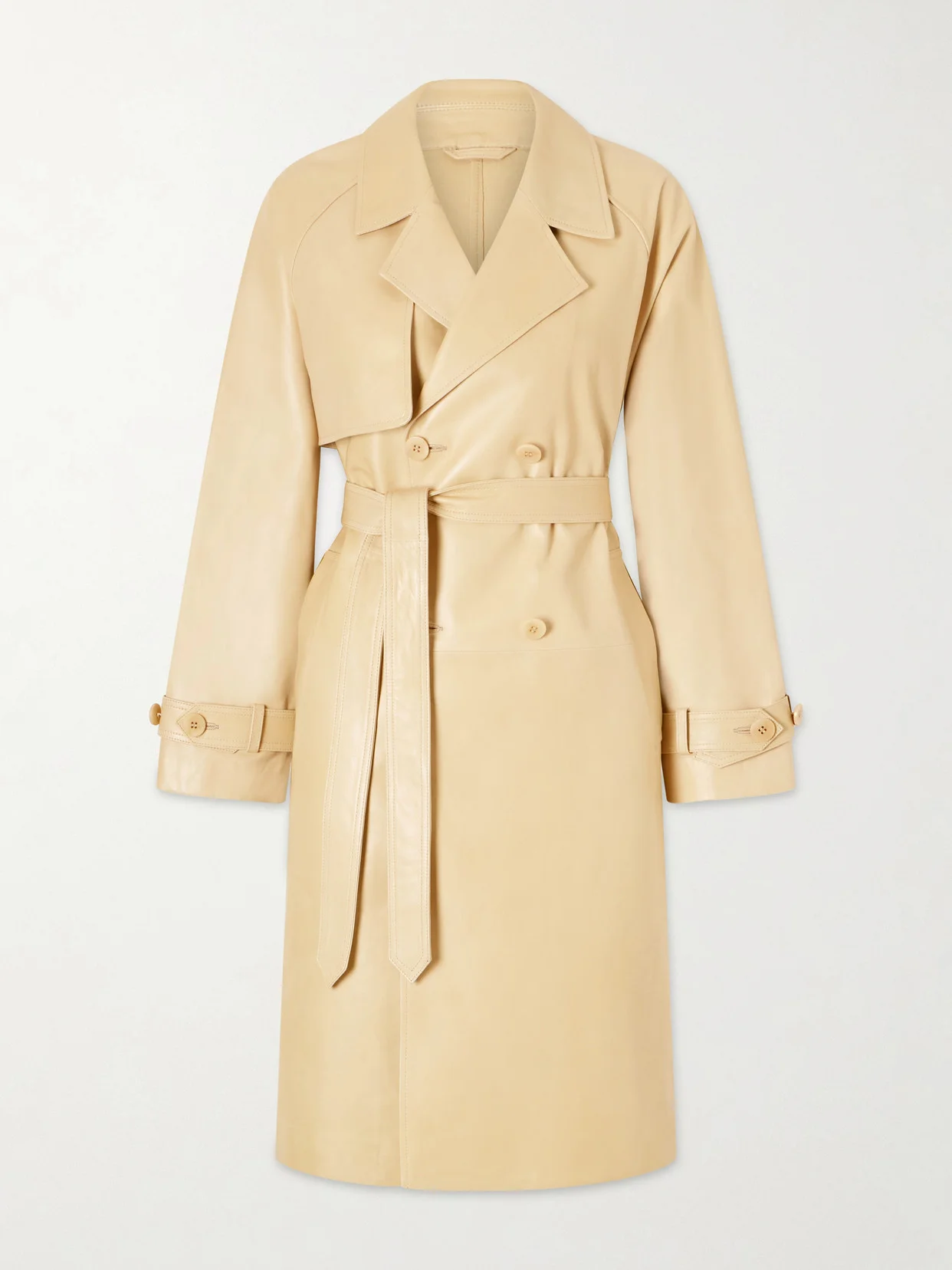Double-breasted Belted Leather Trench Coat - 1