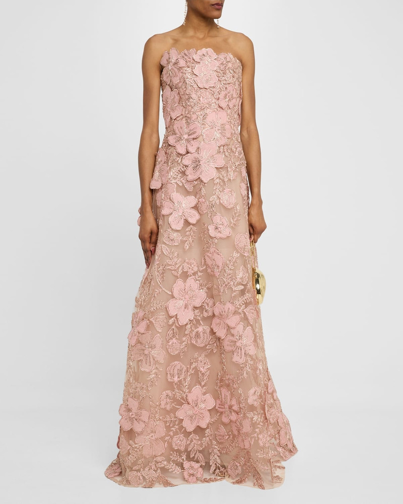 REEM ACRA Strapless Metallic Floral Embroidered Tulle A-Line Gown outlook