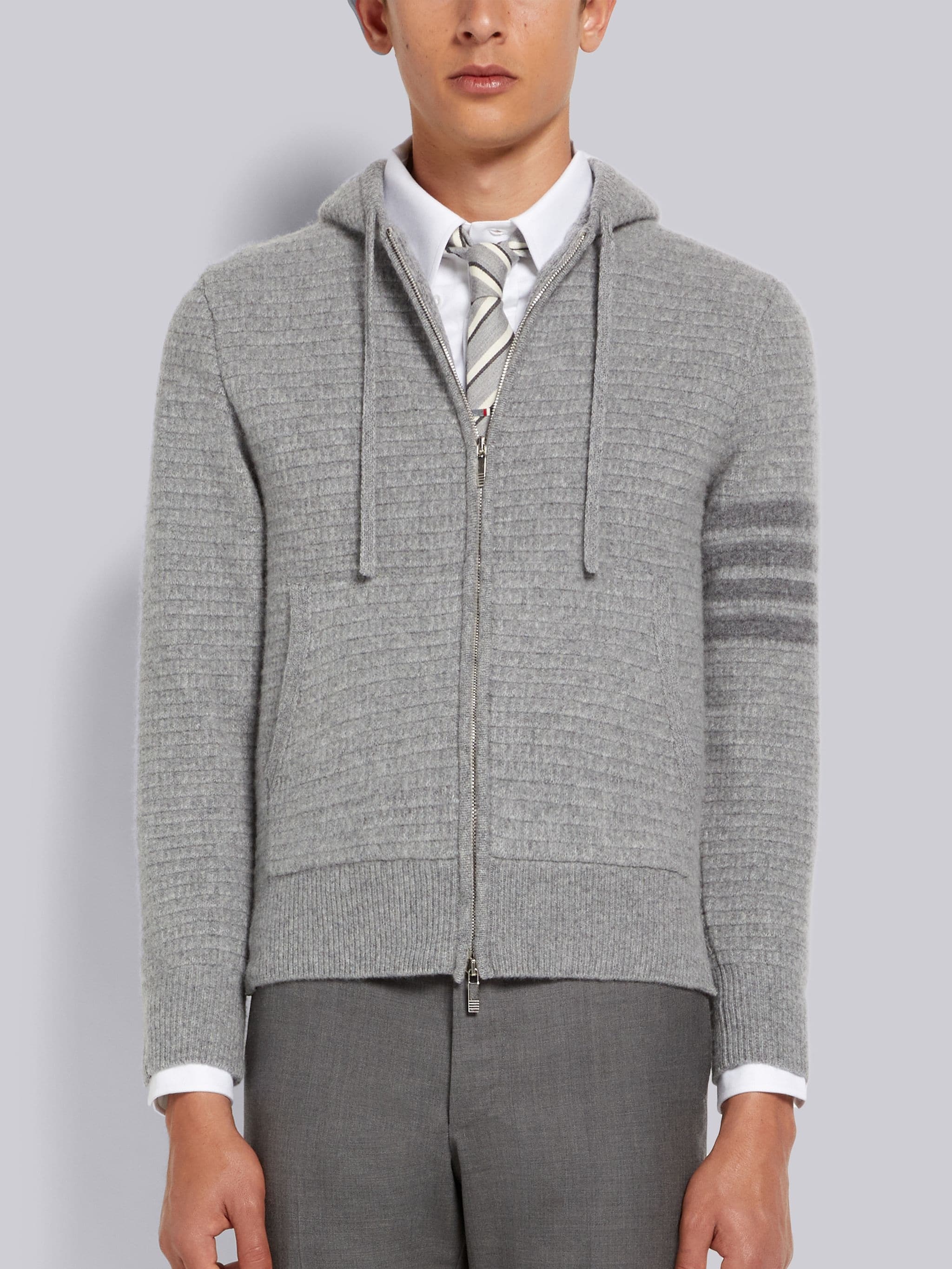 【THOM BROWNE】OVERWASHED CASHMERE 4 BAR ZIPUP HOODIE Grey Overwashed Cashmere 4-Bar Zip-Up Hoodie by Thom Browne