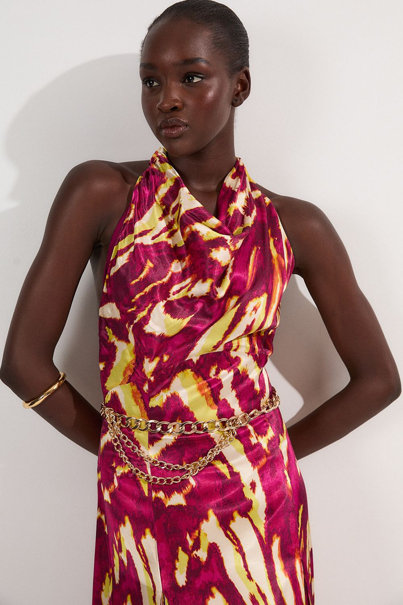 KAREN MILLEN Viscose Satin Border Print Halter Neck Woven Maxi Dress outlook