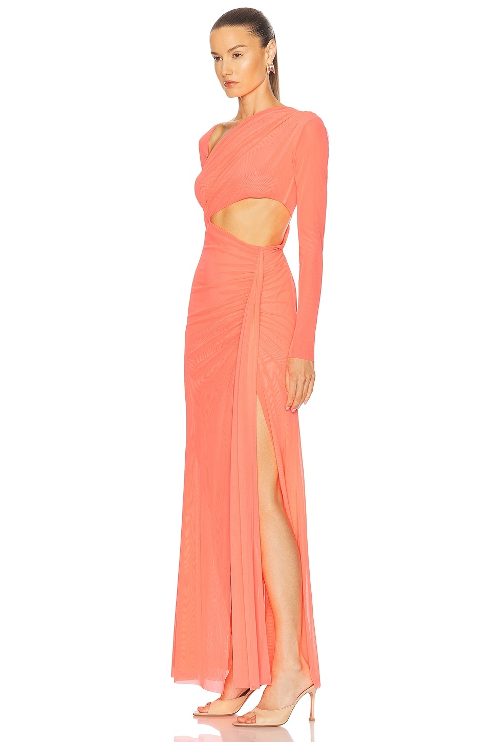 Mesh Asymmetric Cut Out Ruched Gown - 3