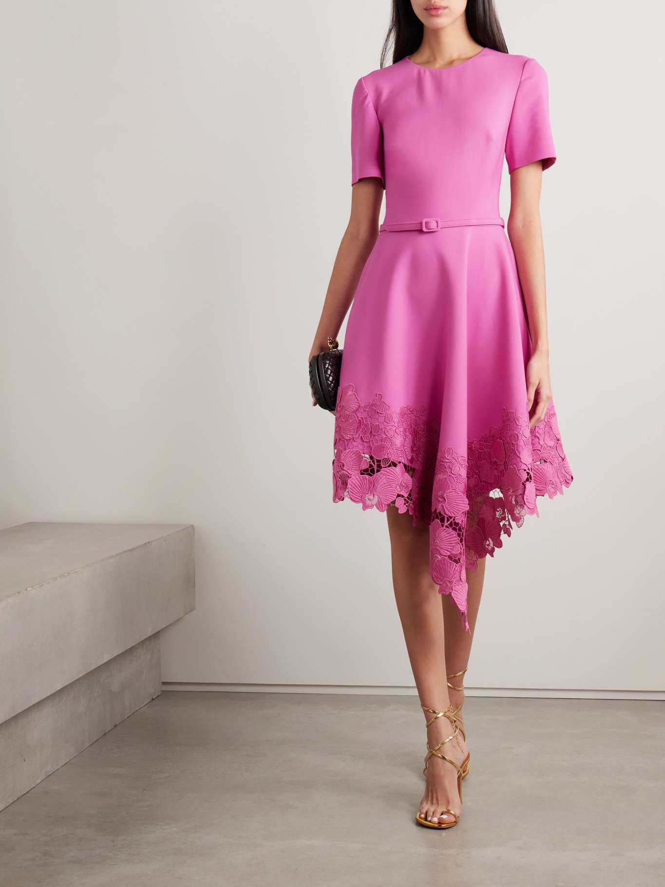 Belted asymmetric guipure lace-trimmed wool-blend dress - 2