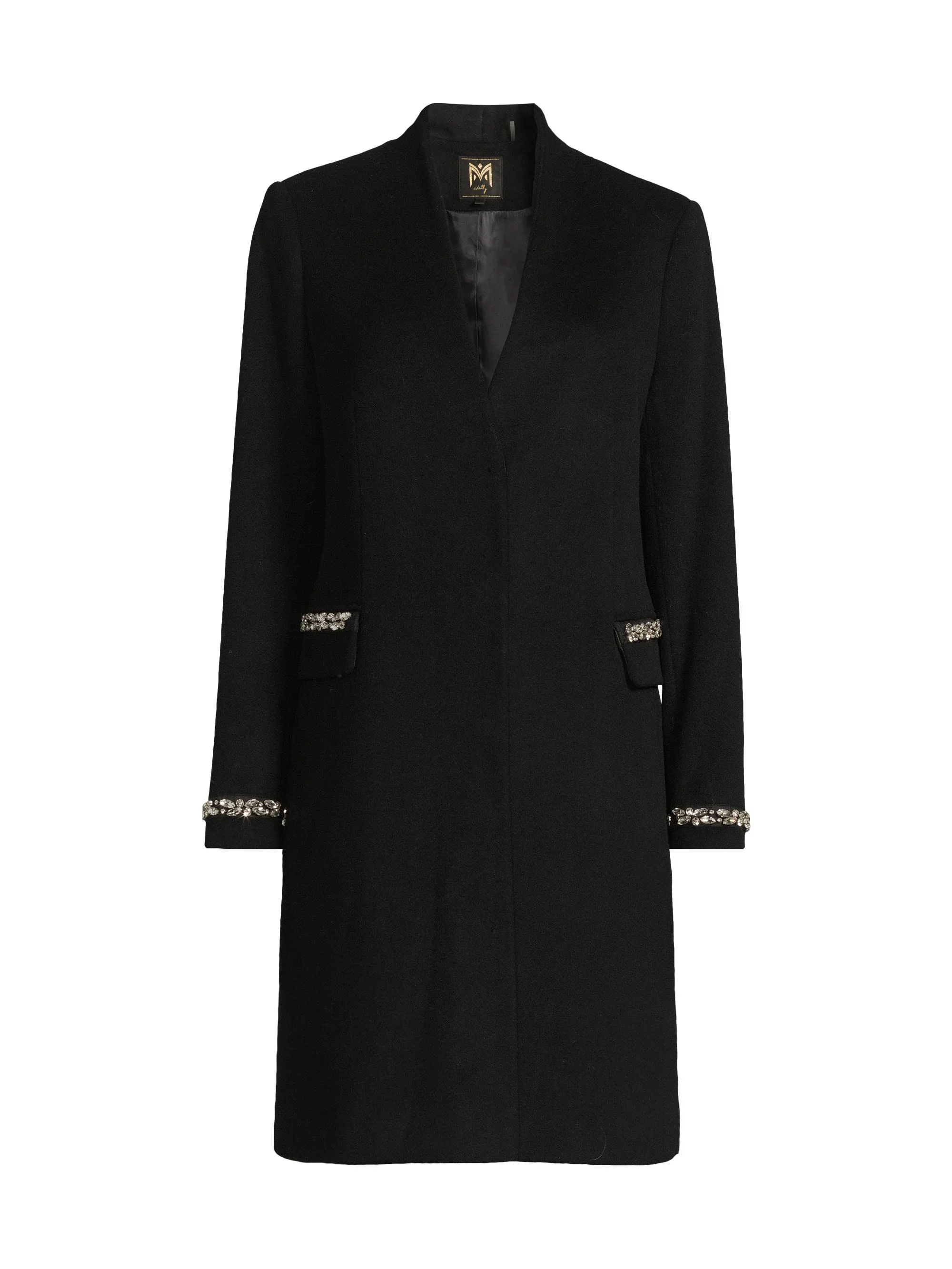 Women's Collarless Jewel Trim Maxi Coat - Black - 1