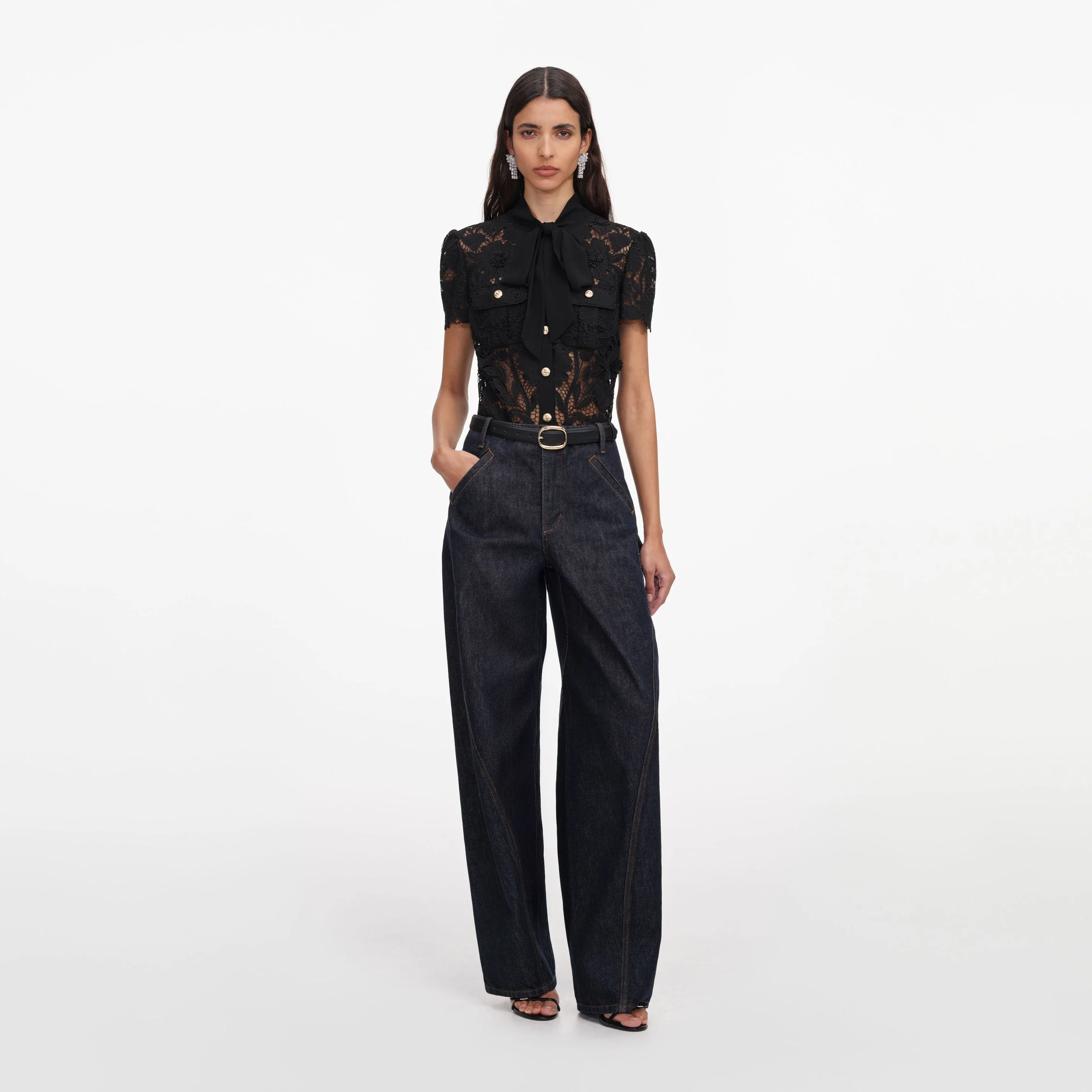Black Lace Tie Neck Top - 1