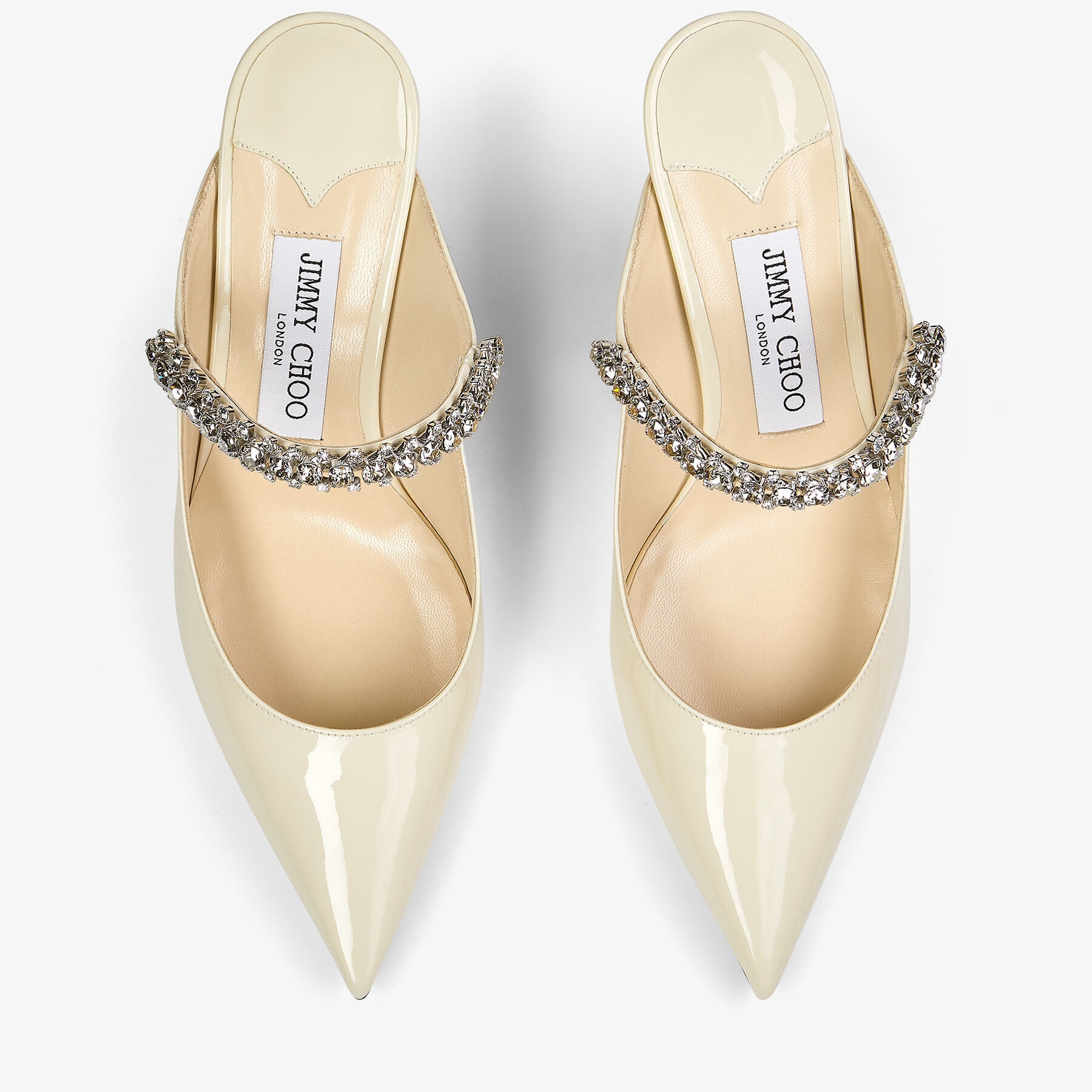 JIMMY CHOO Bing 65 Linen Patent Leather Mules with Crystal Strap 