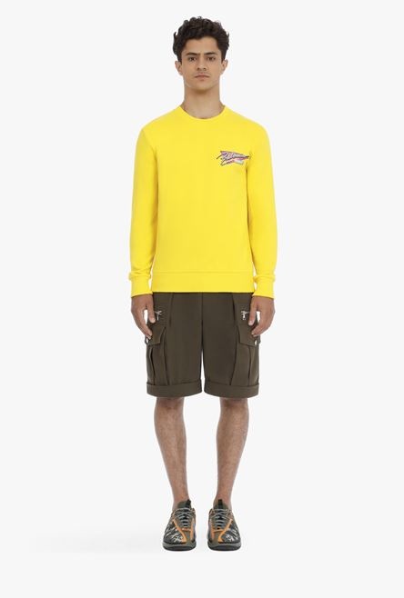 Yellow cotton sweatshirt with multicolor Balmain Paris logo print - 4