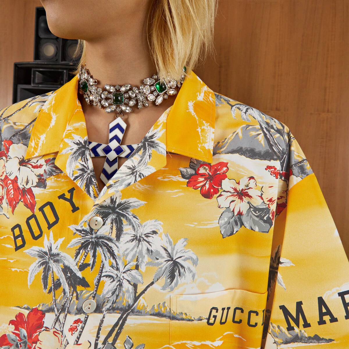 Gucci Printed Cotton Poplin Bowling Shirt Yellow/Red