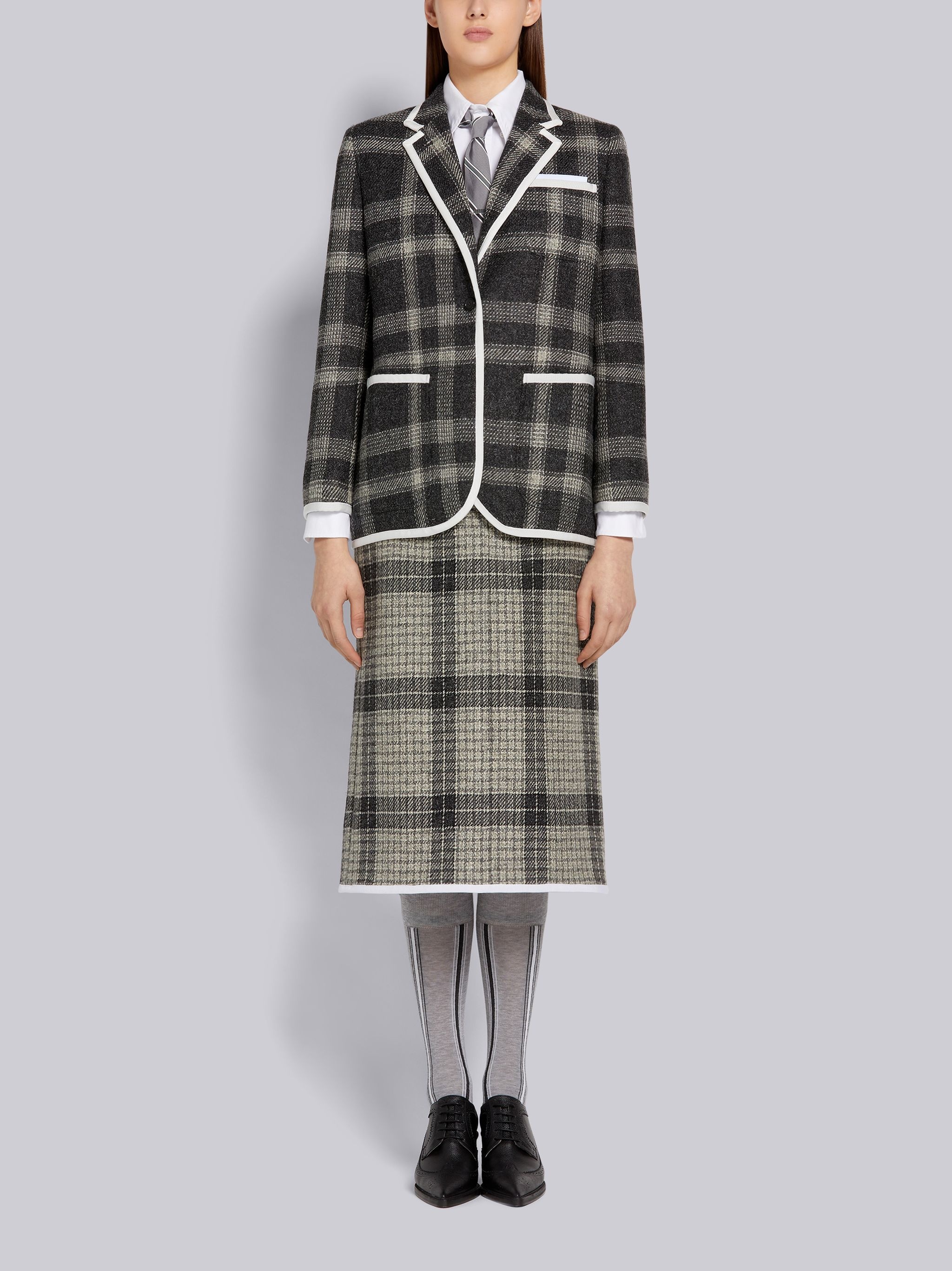 Medium Grey Grid Windowpane Check British Wool Grosgrain Tipping Below-the-Knee Sack Skirt - 4