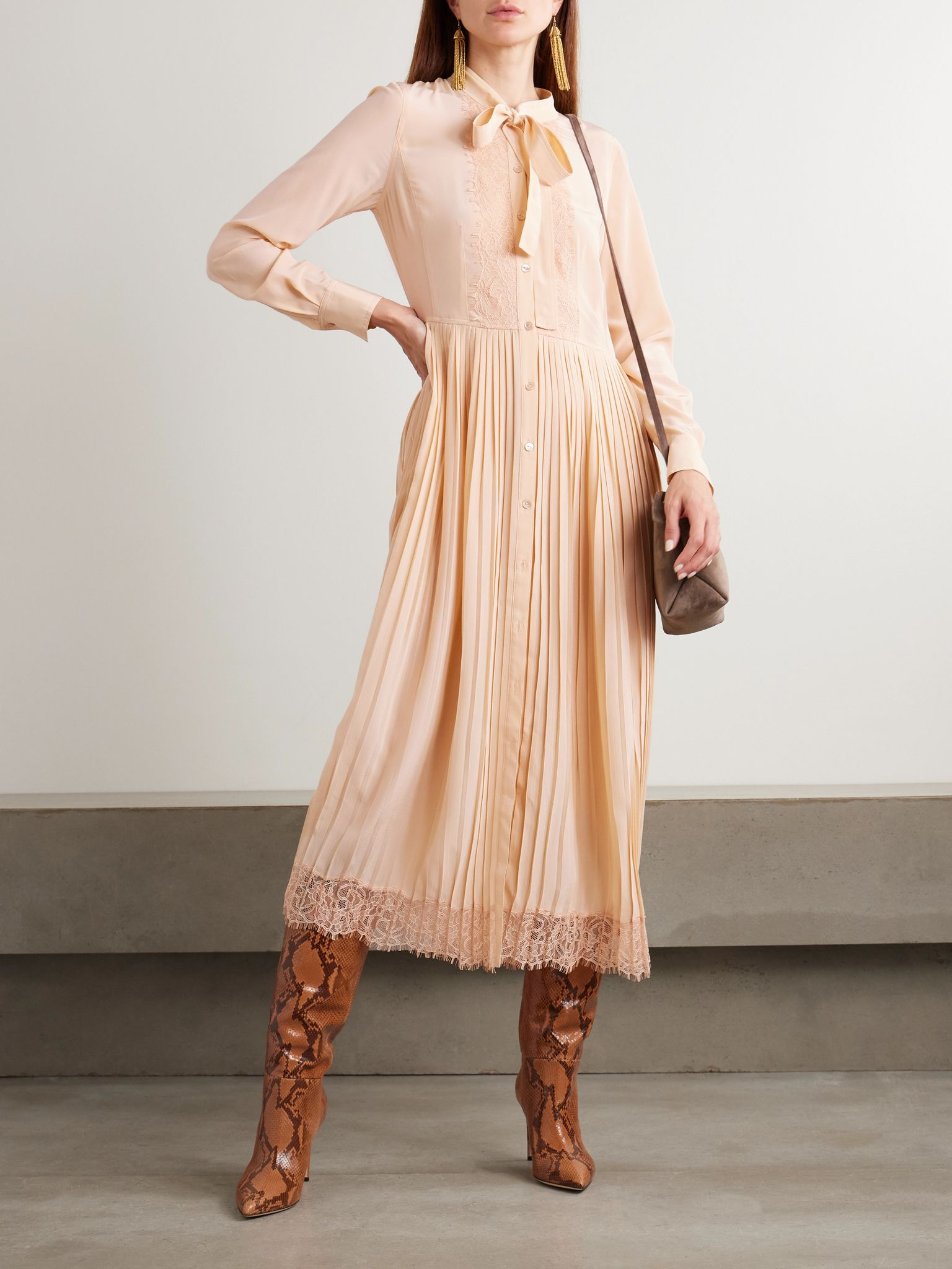 Aviana pussy-bow lace-trimmed pleated silk crepe de chine dress Beige - 2