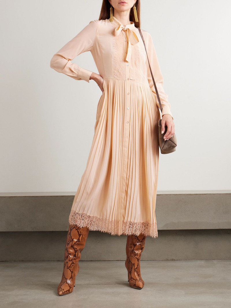 ULLA JOHNSON Aviana pussy-bow lace-trimmed pleated silk crepe de chine dress Beige outlook