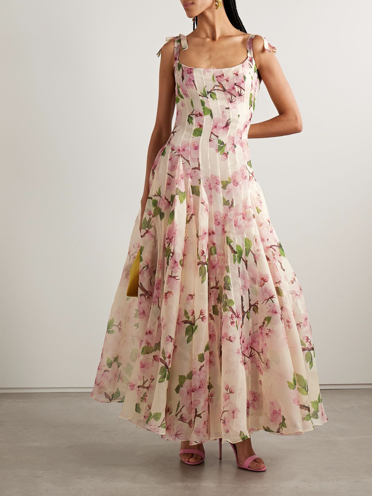 Pleated floral-print silk-blend organza gown Cream - 3