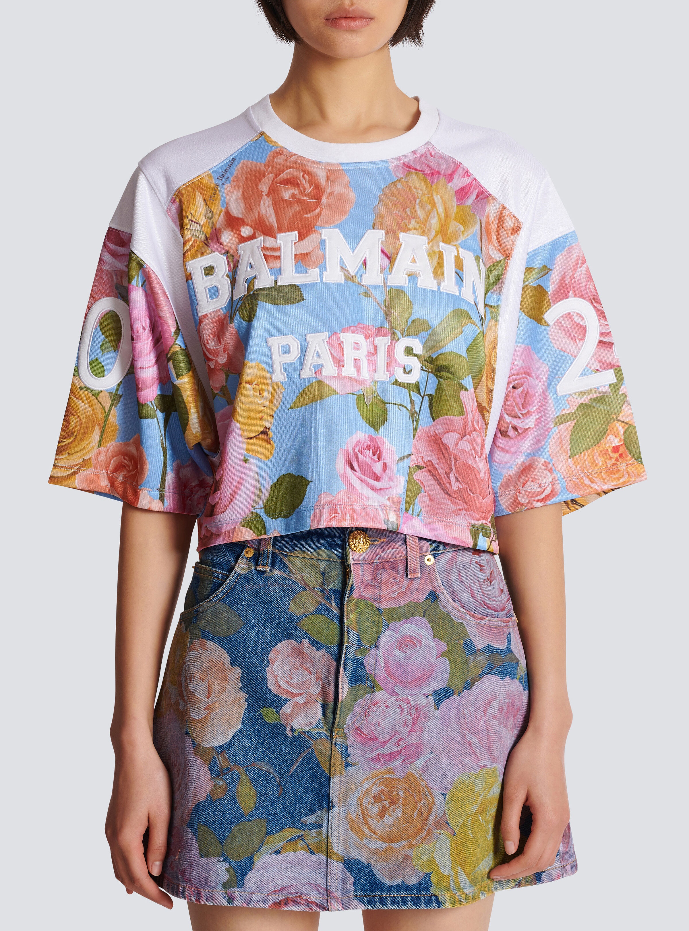 Balmain Baseball T-shirt with Pastel Roses print - 5