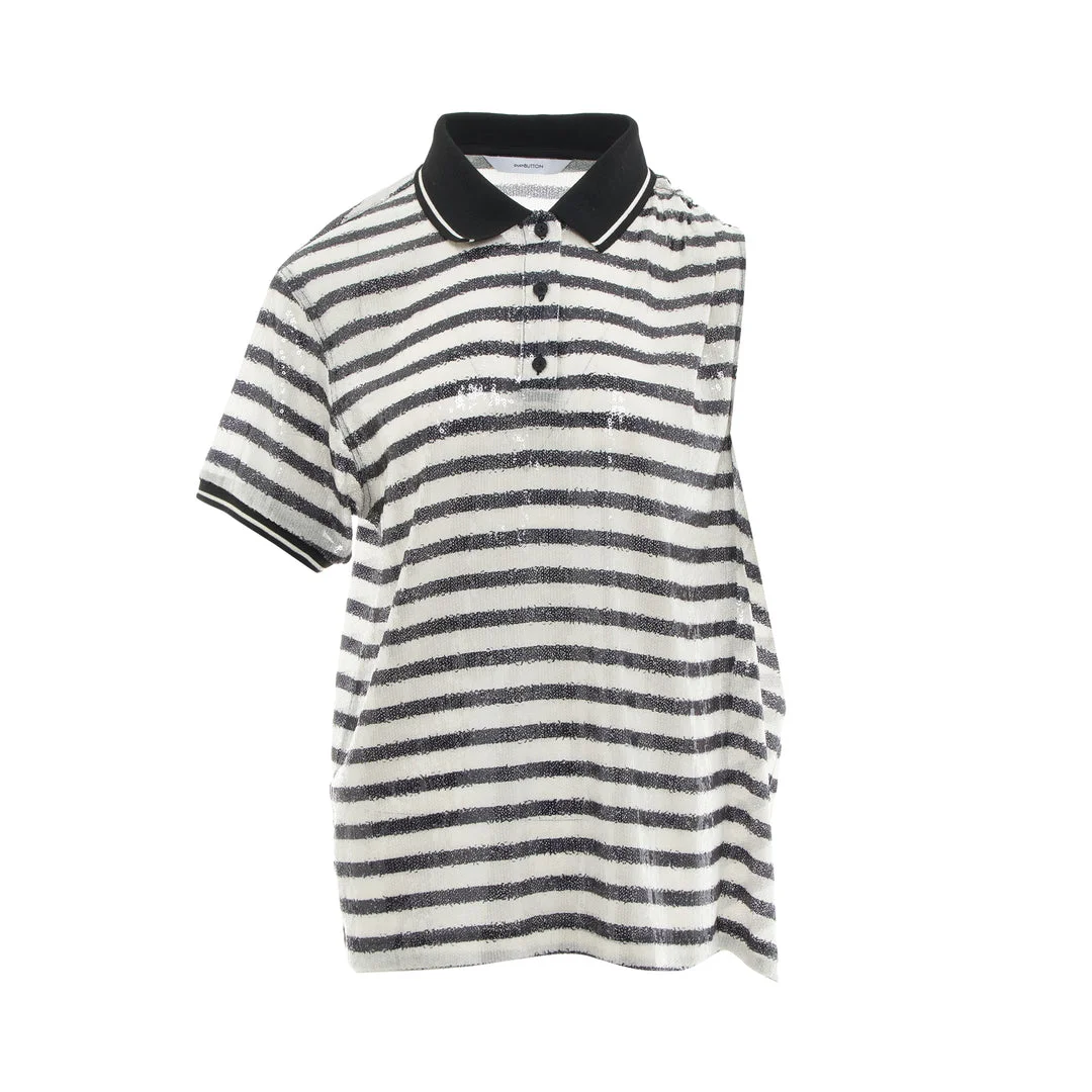 Ivory Asymmetric Striped Sequin Polo - 1