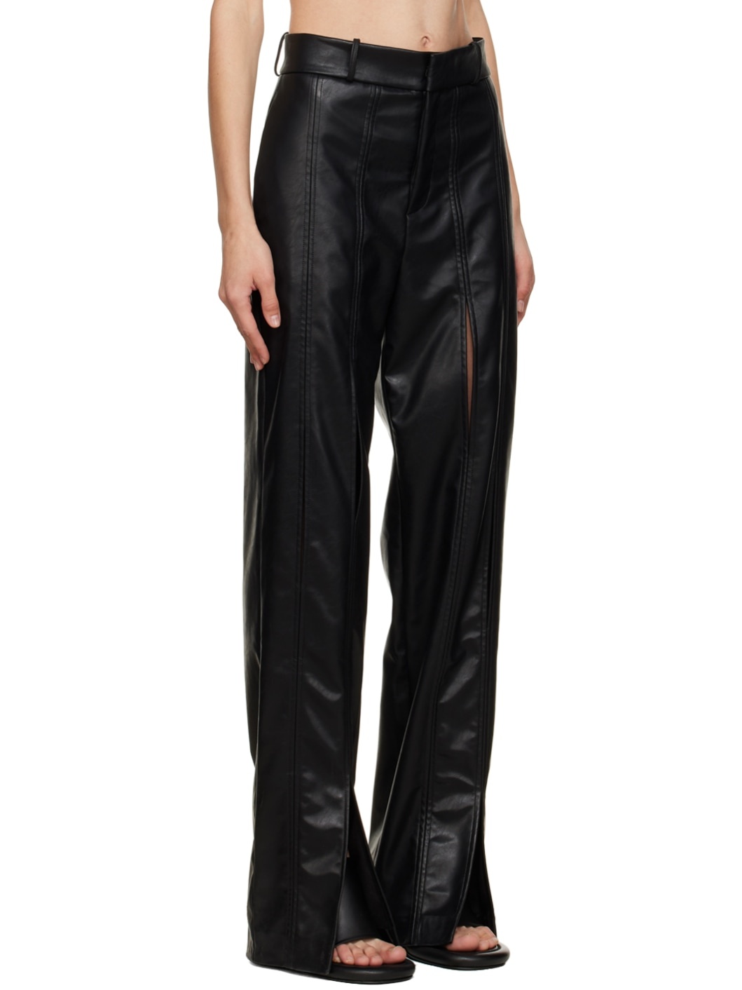 Black Split Seam Faux-Leather Trousers - 2