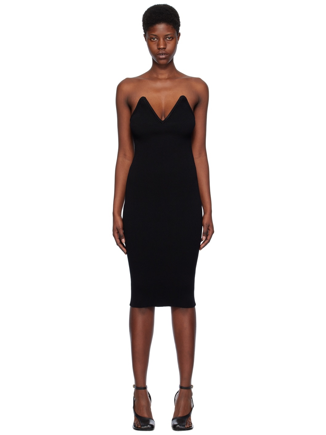 Black V-Neck Midi Dress - 1