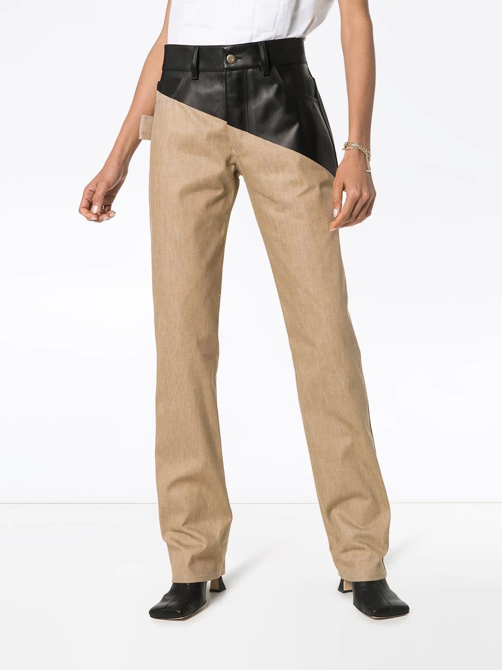 leather-panelled cotton trousers - 3