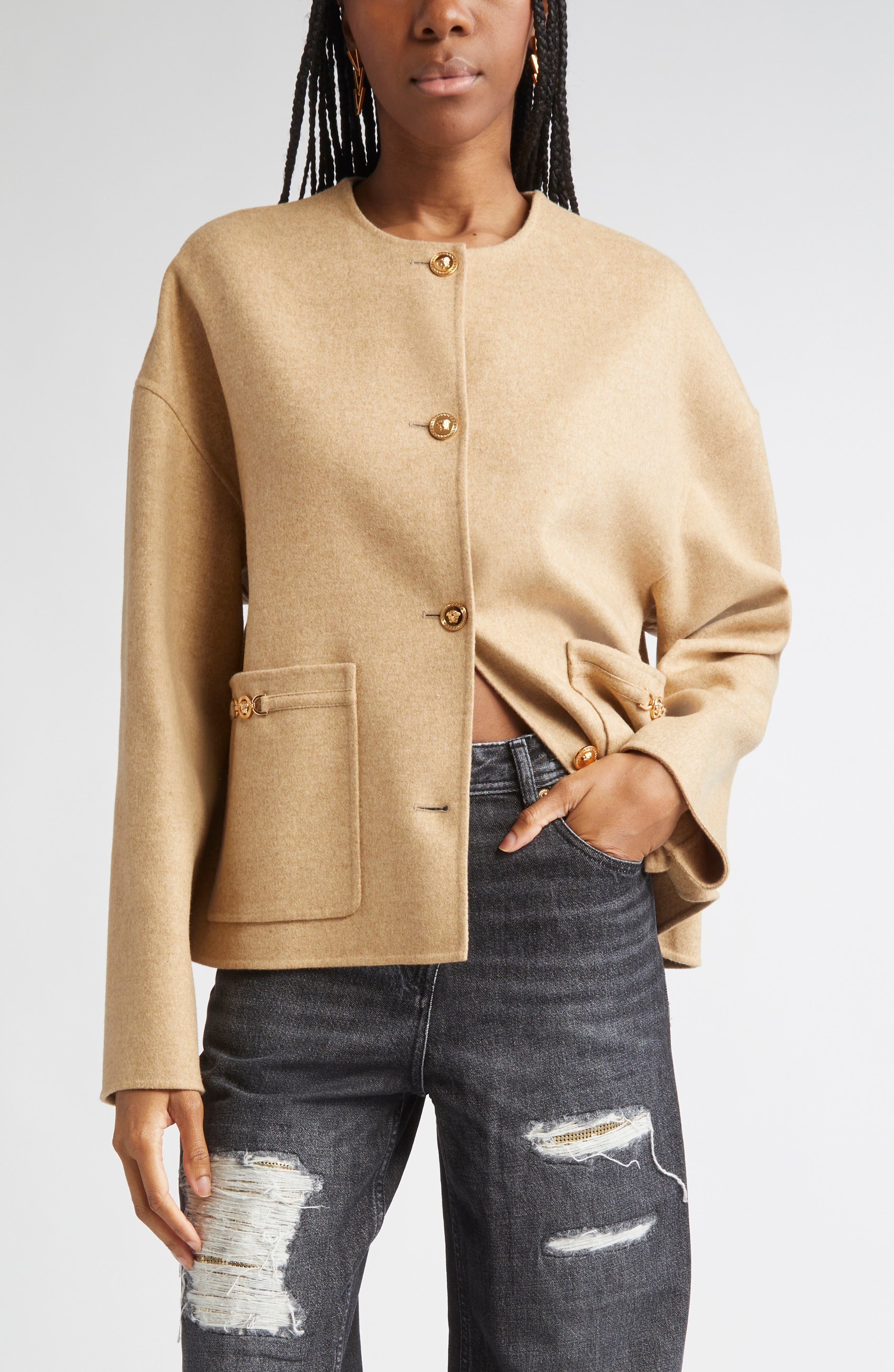 Versace Felted Wool Blend Peacoat in Beige Melange at Nordstrom - 1