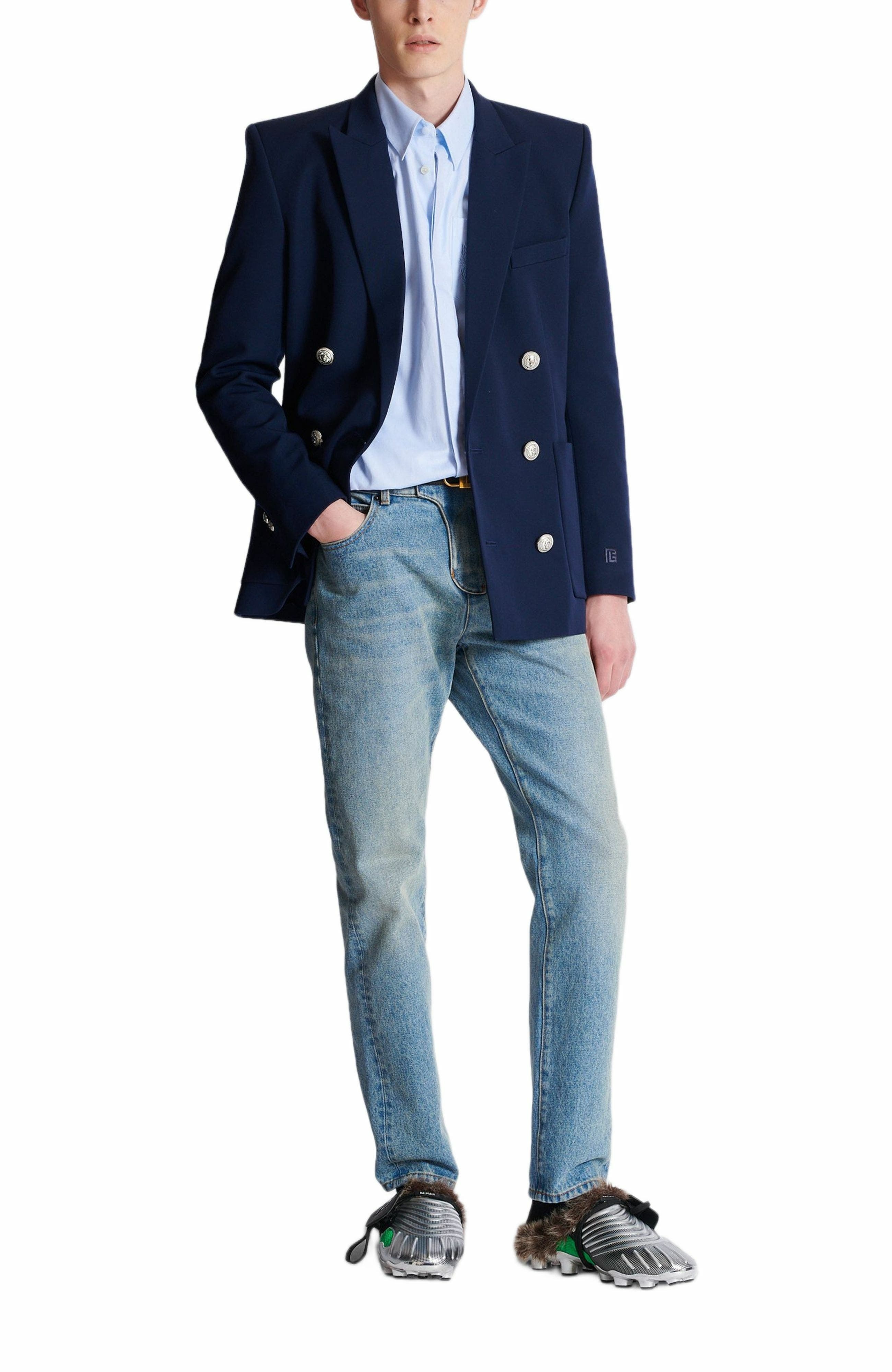Balmain Écusson embroidered cotton shirt in Blue at Nordstrom - 3