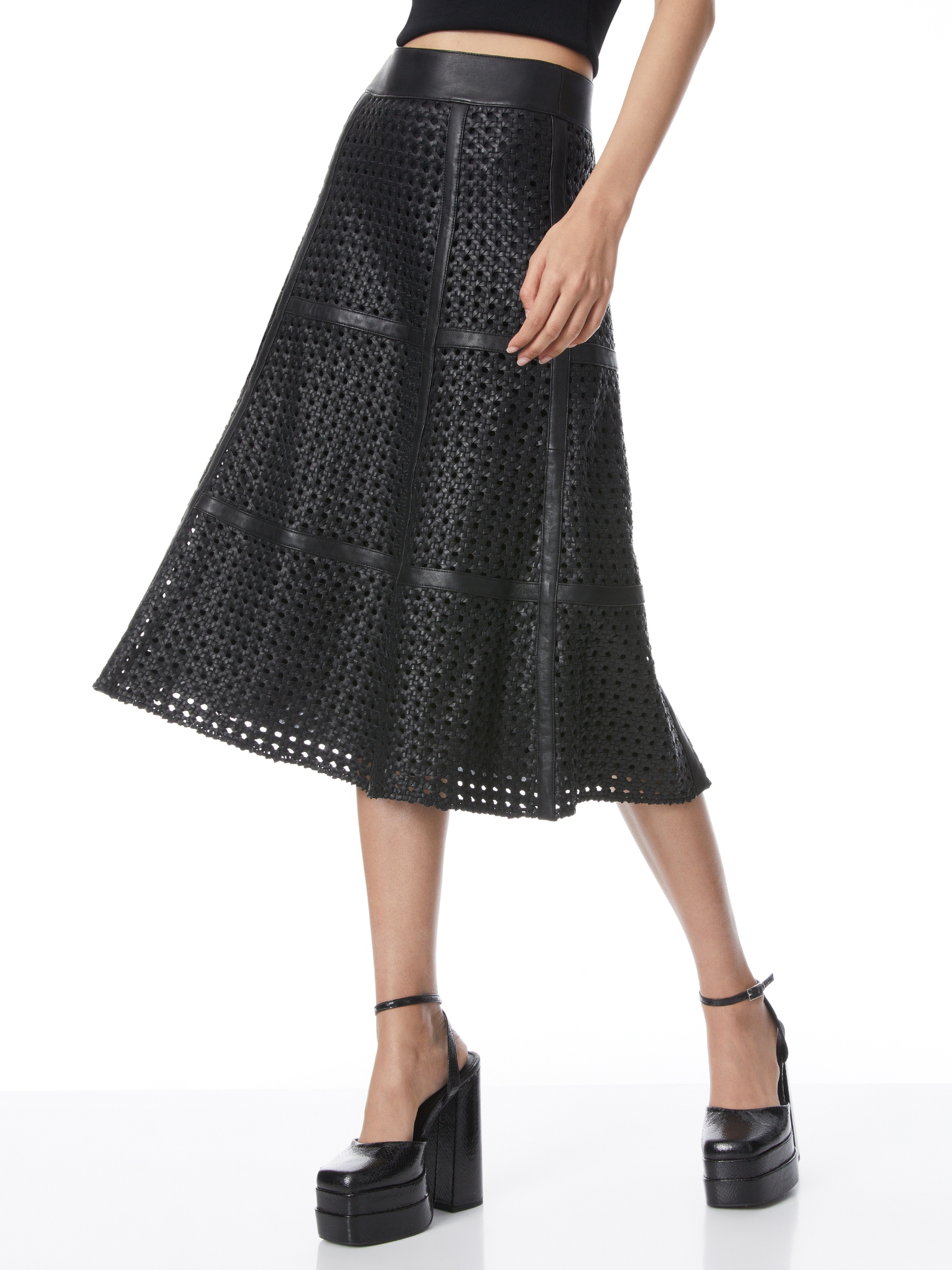 SOSIE WOVEN LEATHER MIDI FLARE SKIRT - 1