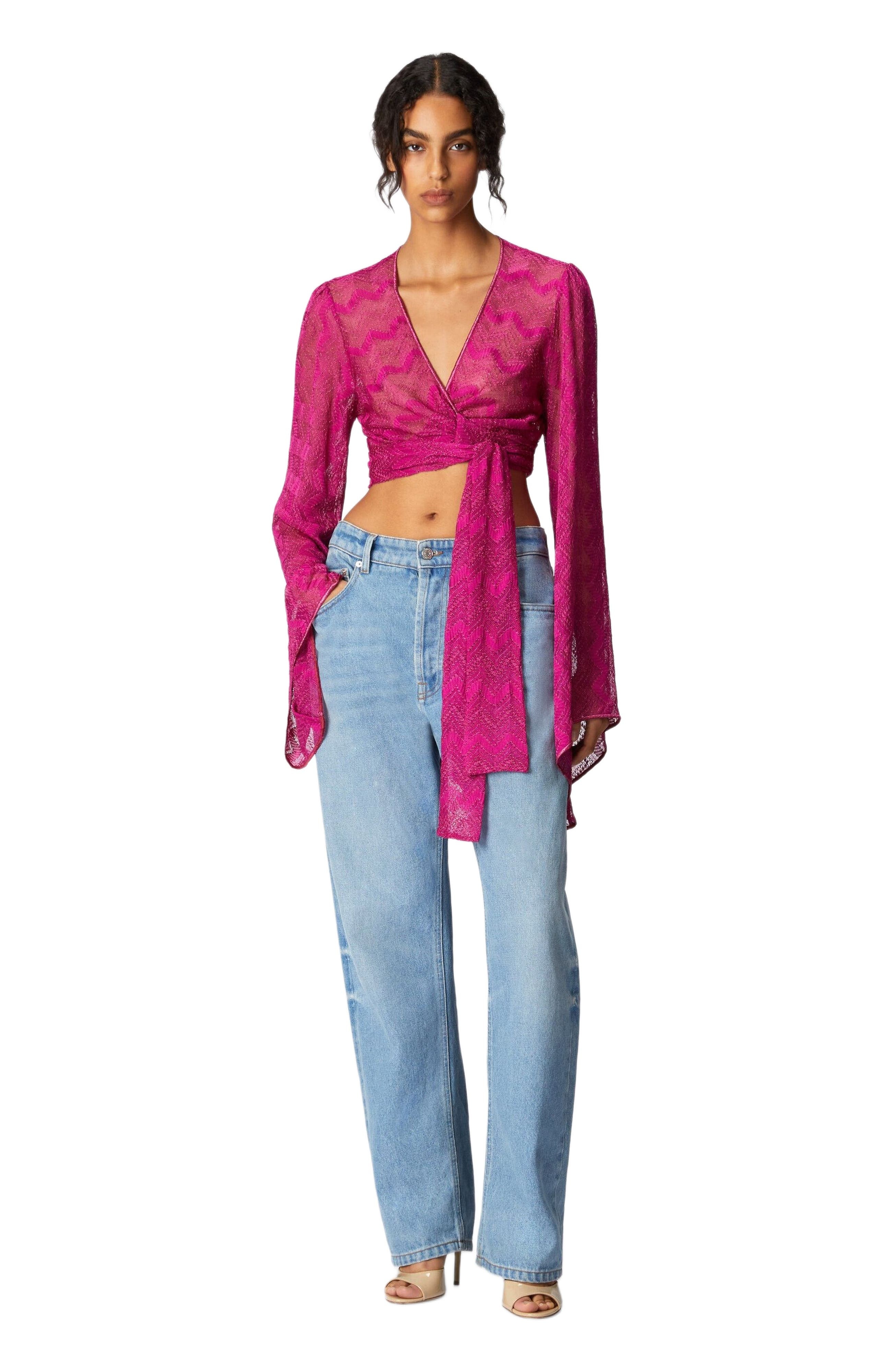 Missoni Crop Top With Wide Sleeves And Front Knot In Zig Zag Lamé Viscose in Purple at Nordstrom - 5