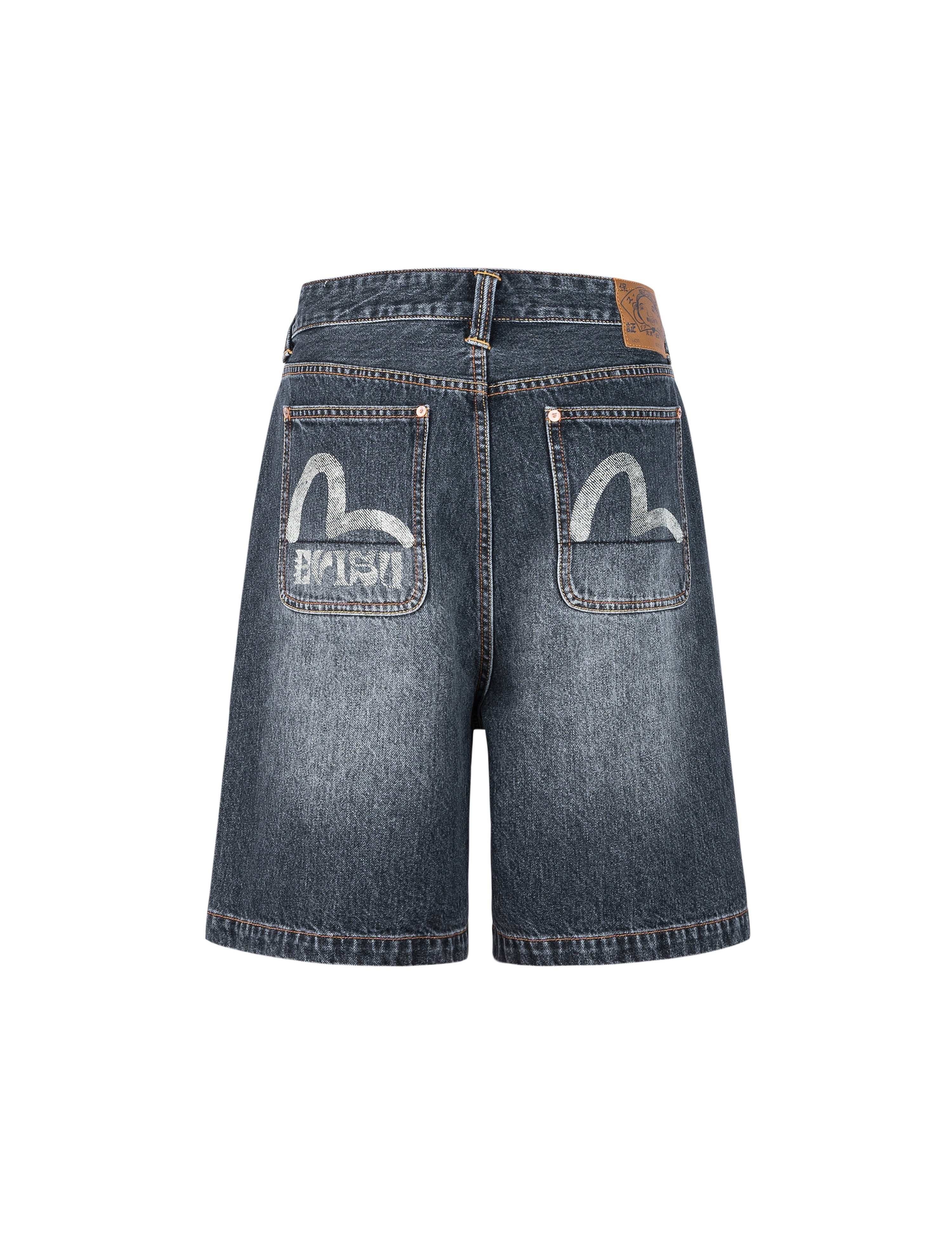 Seagull Print Pockets Oversized Worker Denim Shorts - 14