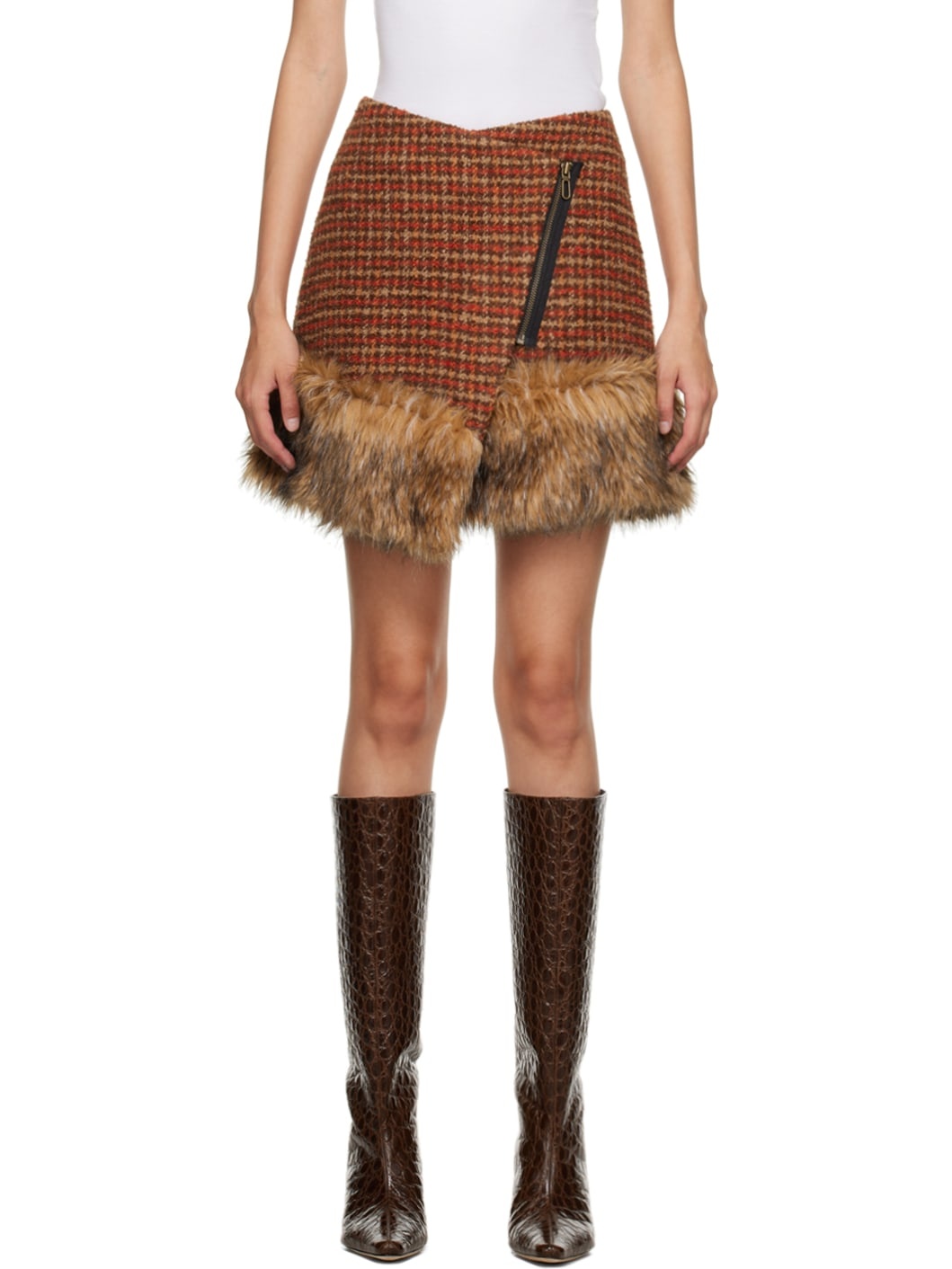 Orange & Brown Check Faux-Fur Miniskirt - 1