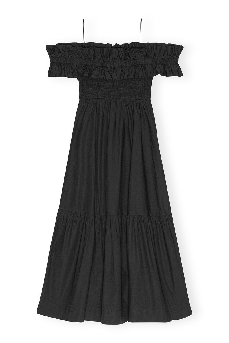 GANNI BLACK COTTON POPLIN LONG SMOCK DRESS - F9168 | REVERSIBLE