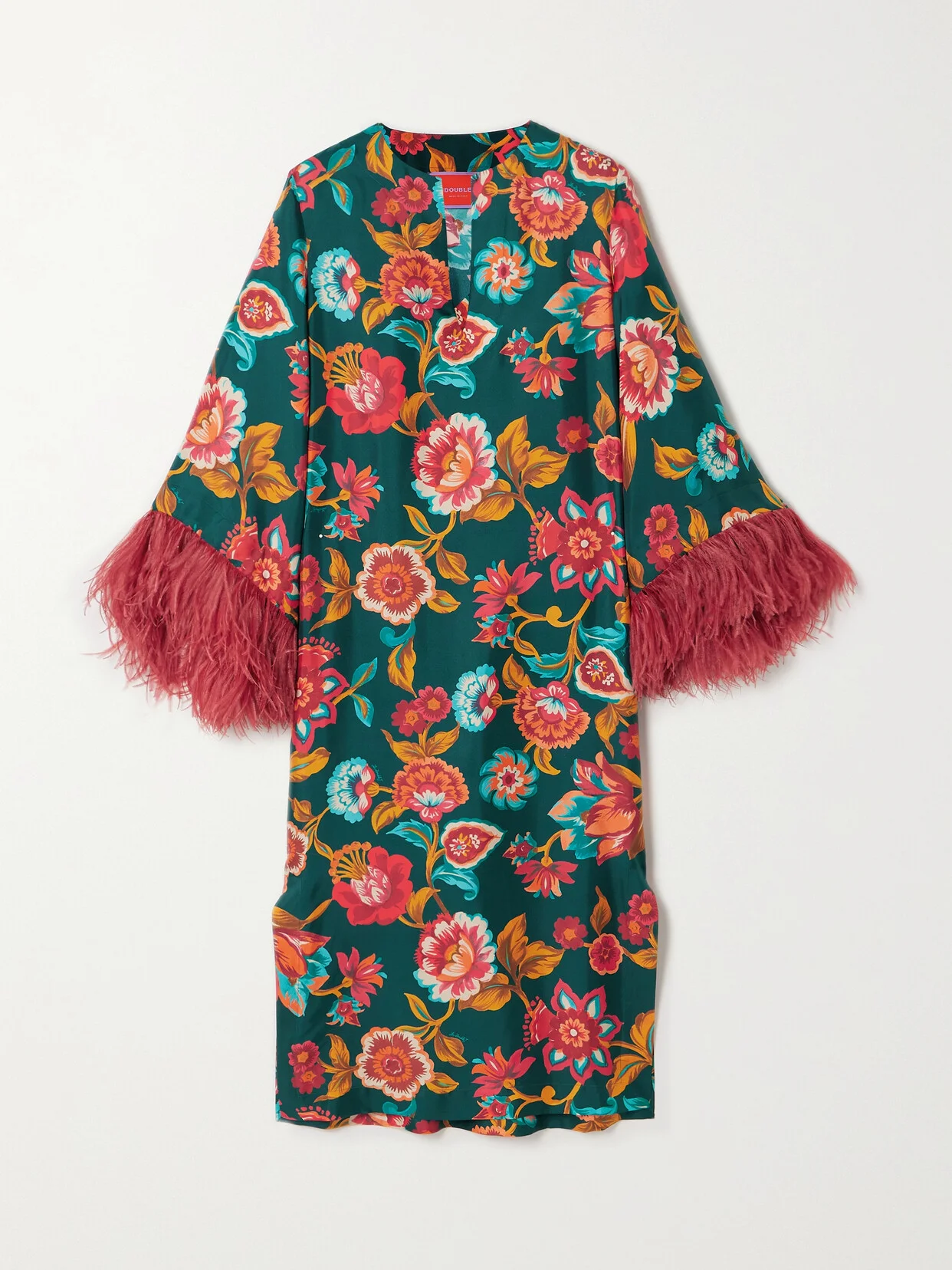 Feather-trimmed Floral-print Silk-twill Kaftan - 1