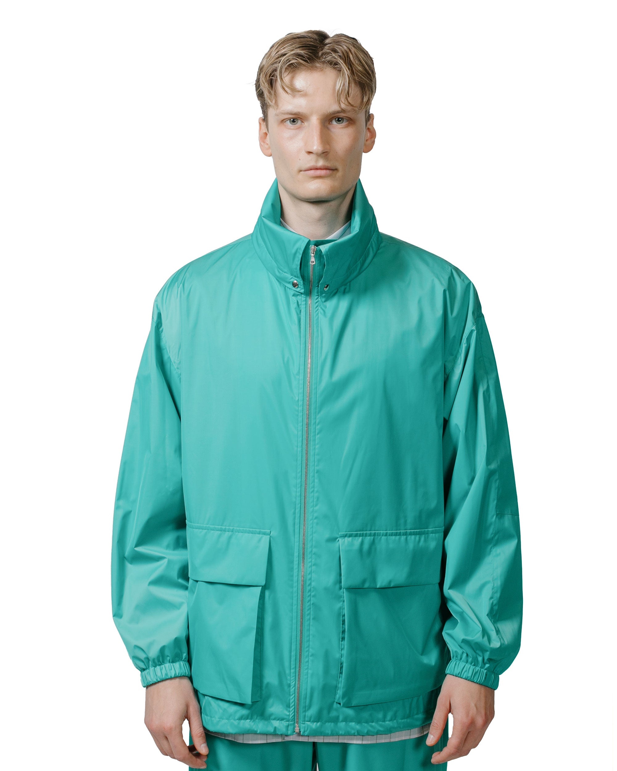 Hard Twist Polyester Satin Laminate Zip Blouson Turquoise Blue - 2