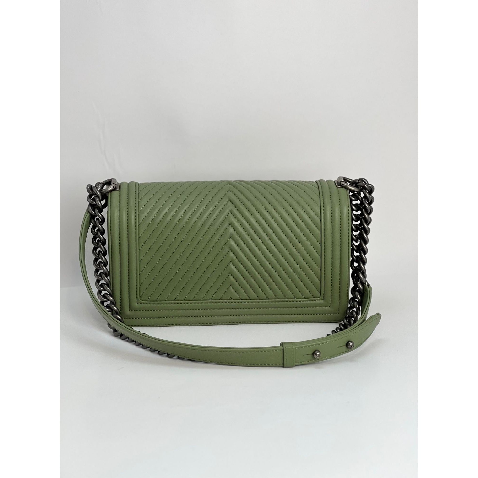 Chanel Calfskin Chevron Quilted Medium Boy Flap Light Green Bag - 2