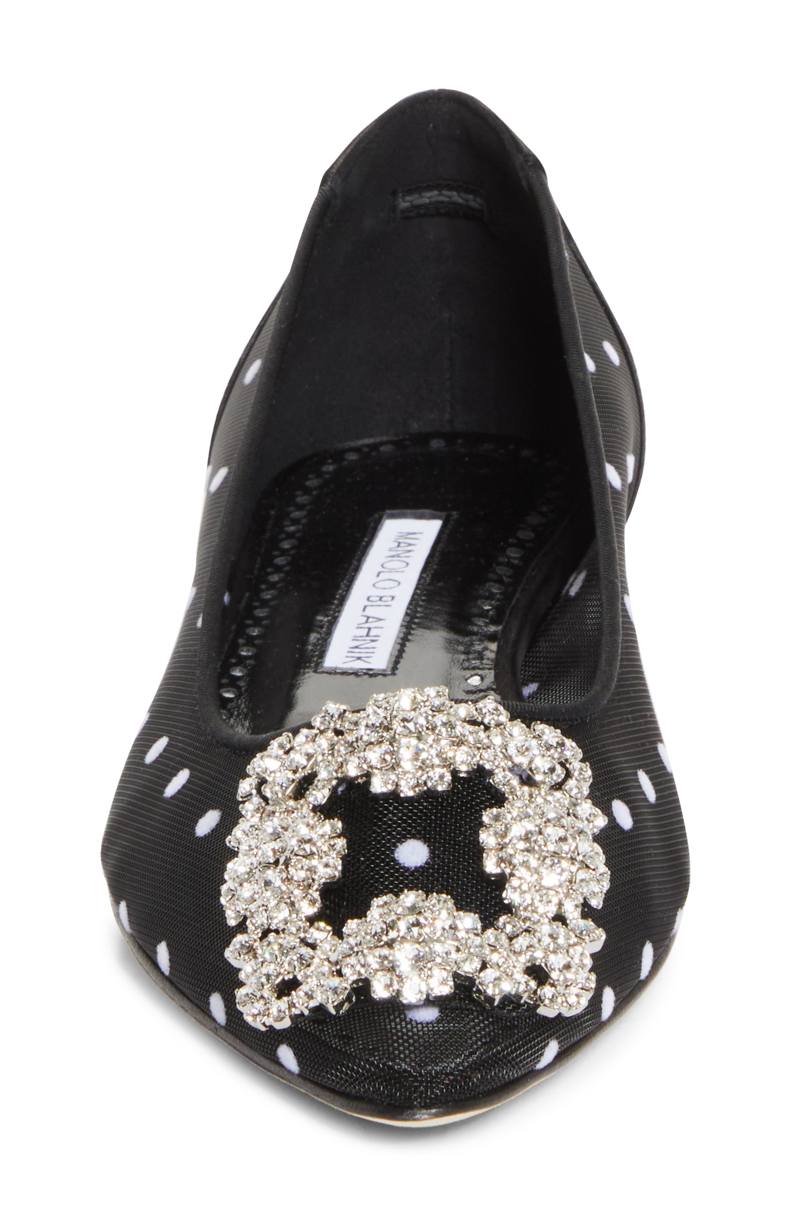 Manolo Blahnik Hangisi Crystal Buckle Flat in Black/White at Nordstrom - 4