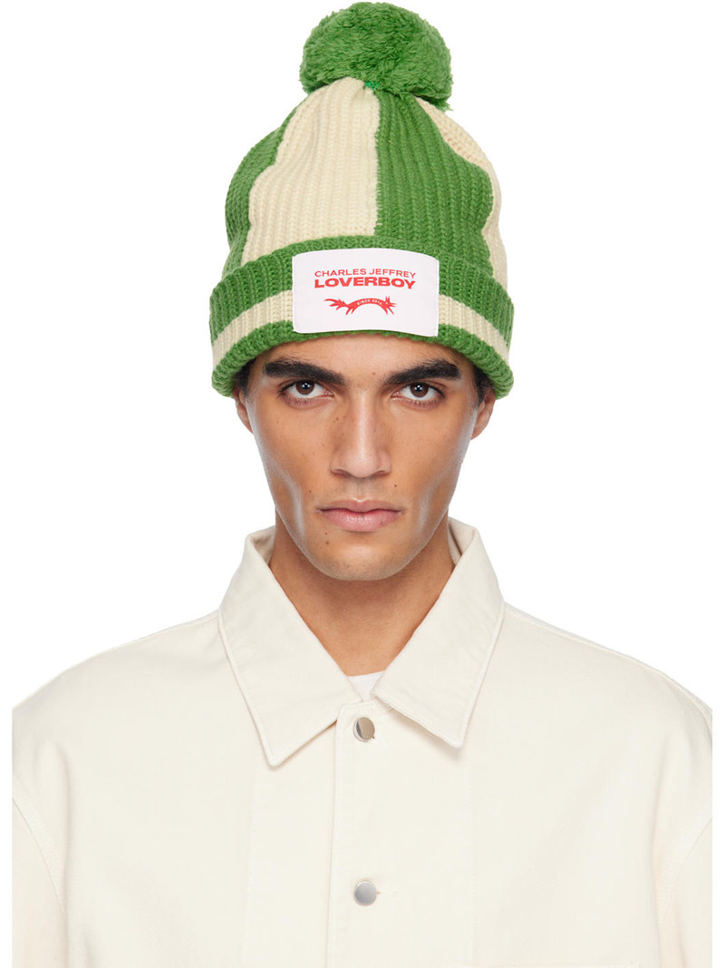 Green & Off-White Pompom Beanie 1