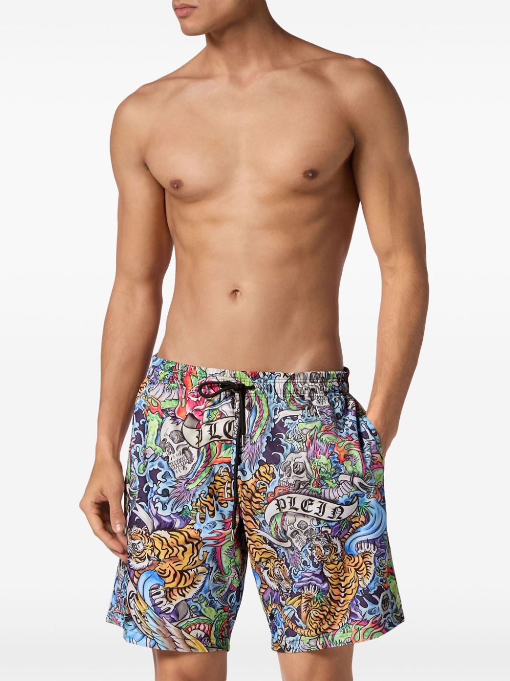 Tattoo-print drawstring swim shorts - 3