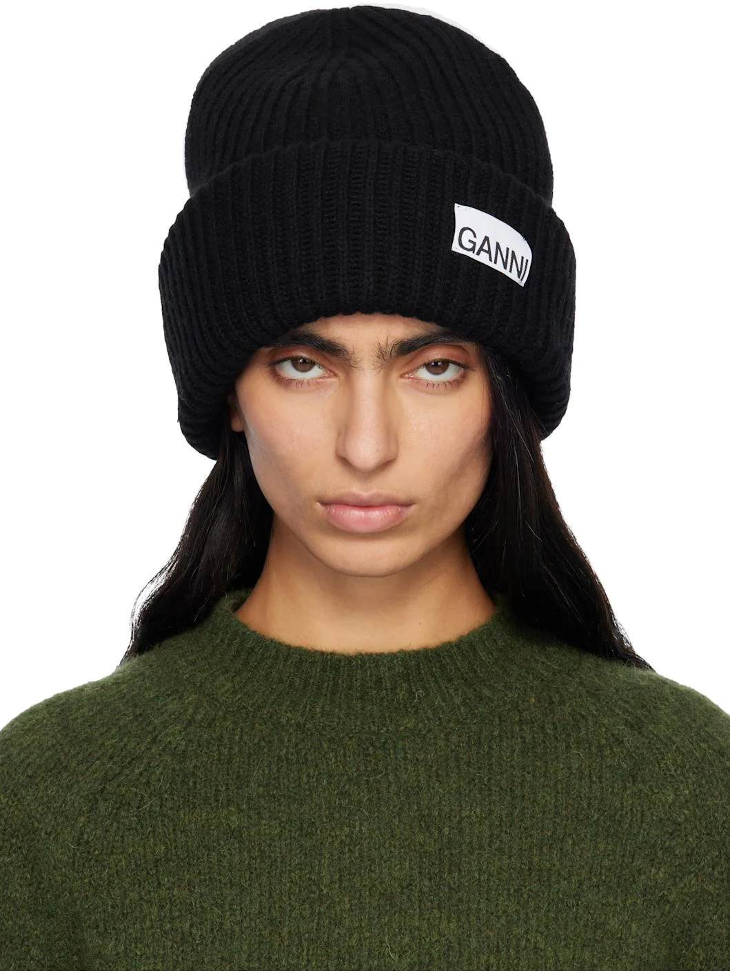Black Oversized Wool Rib Knit Beanie - 1