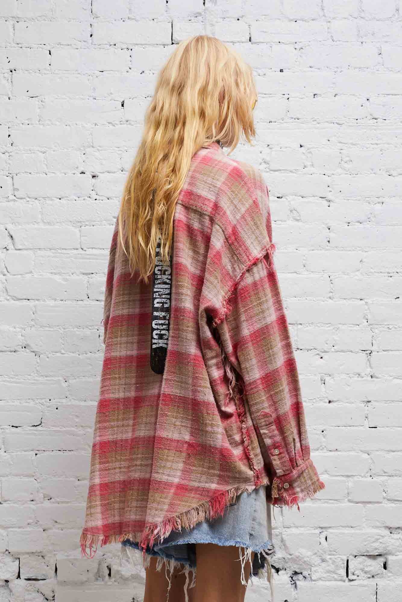 SHREDDED SEAM DROP NECK SHIRT - OVERDYED PINK PLAID - 4