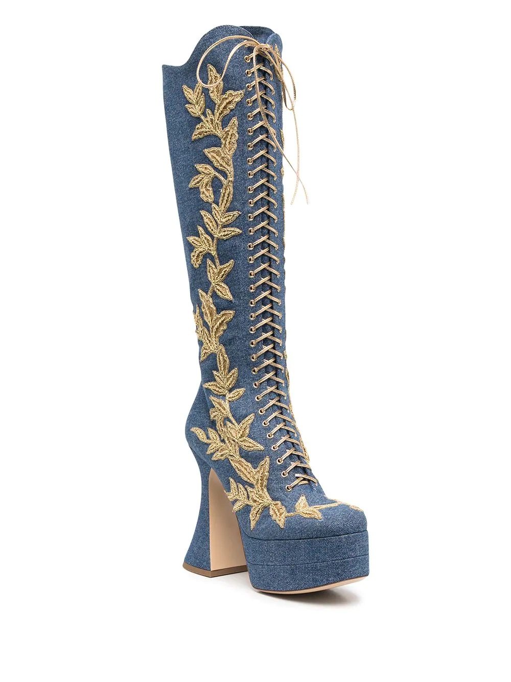 leaf embroidered high denim boots - 2