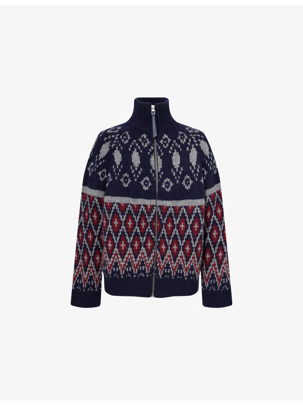 Funnel-Neck Patterned Wool Blend Cardigan - 1