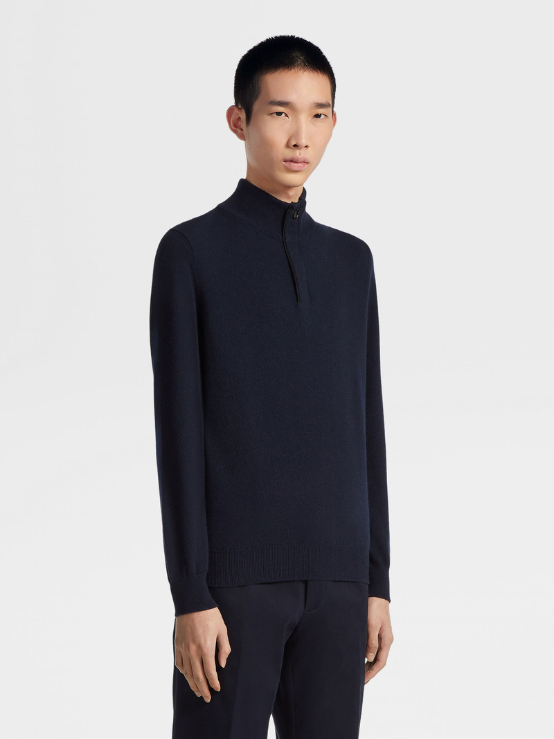 ZEGNA NAVY BLUE OASI CASHMERE ZIP MOCK NECK SWEATER outlook