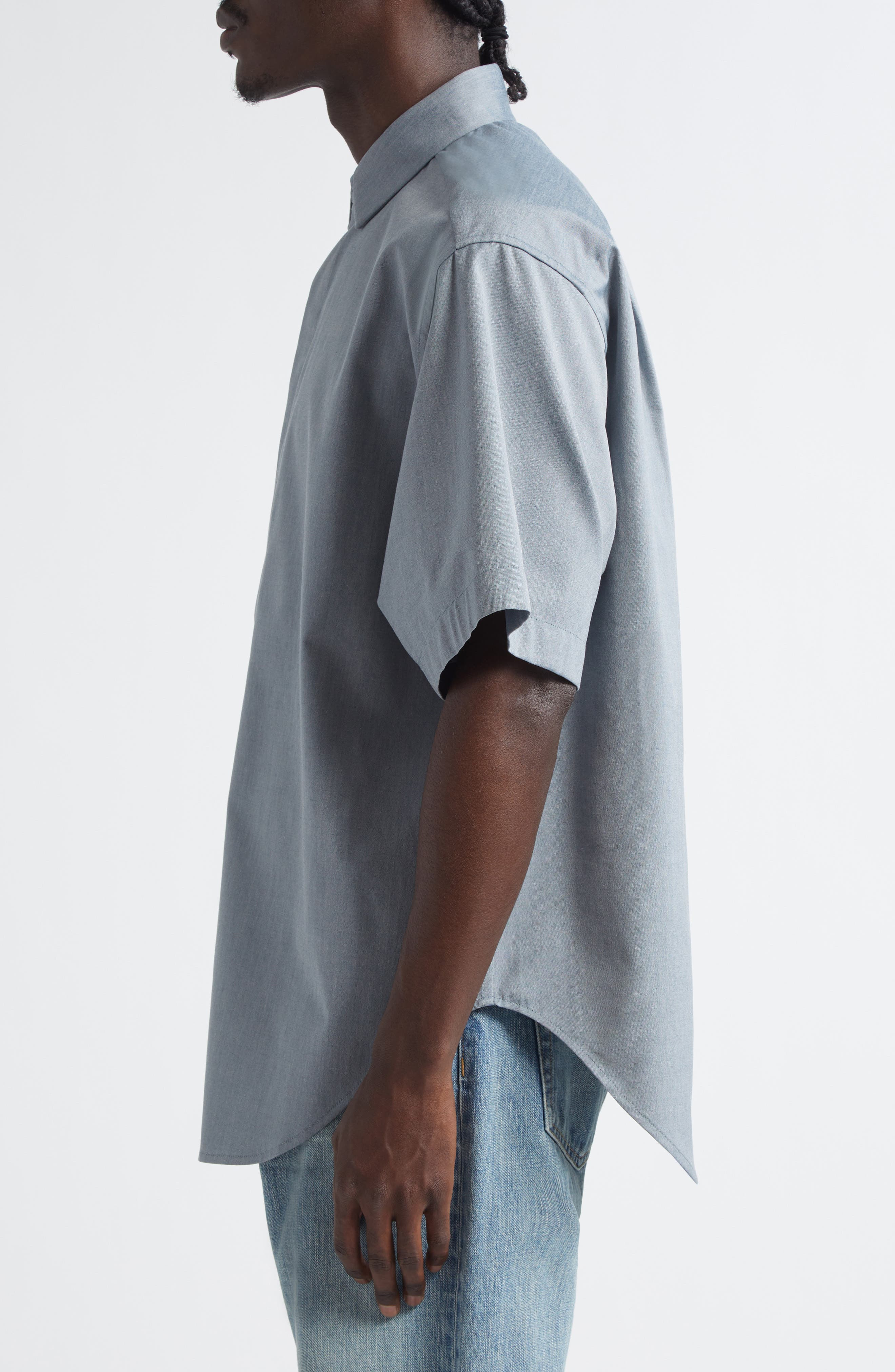 Fear of God Short Sleeve Cotton & Wool Stretch Oxford Button-Up Shirt in Melange Slate at Nordstrom - 4