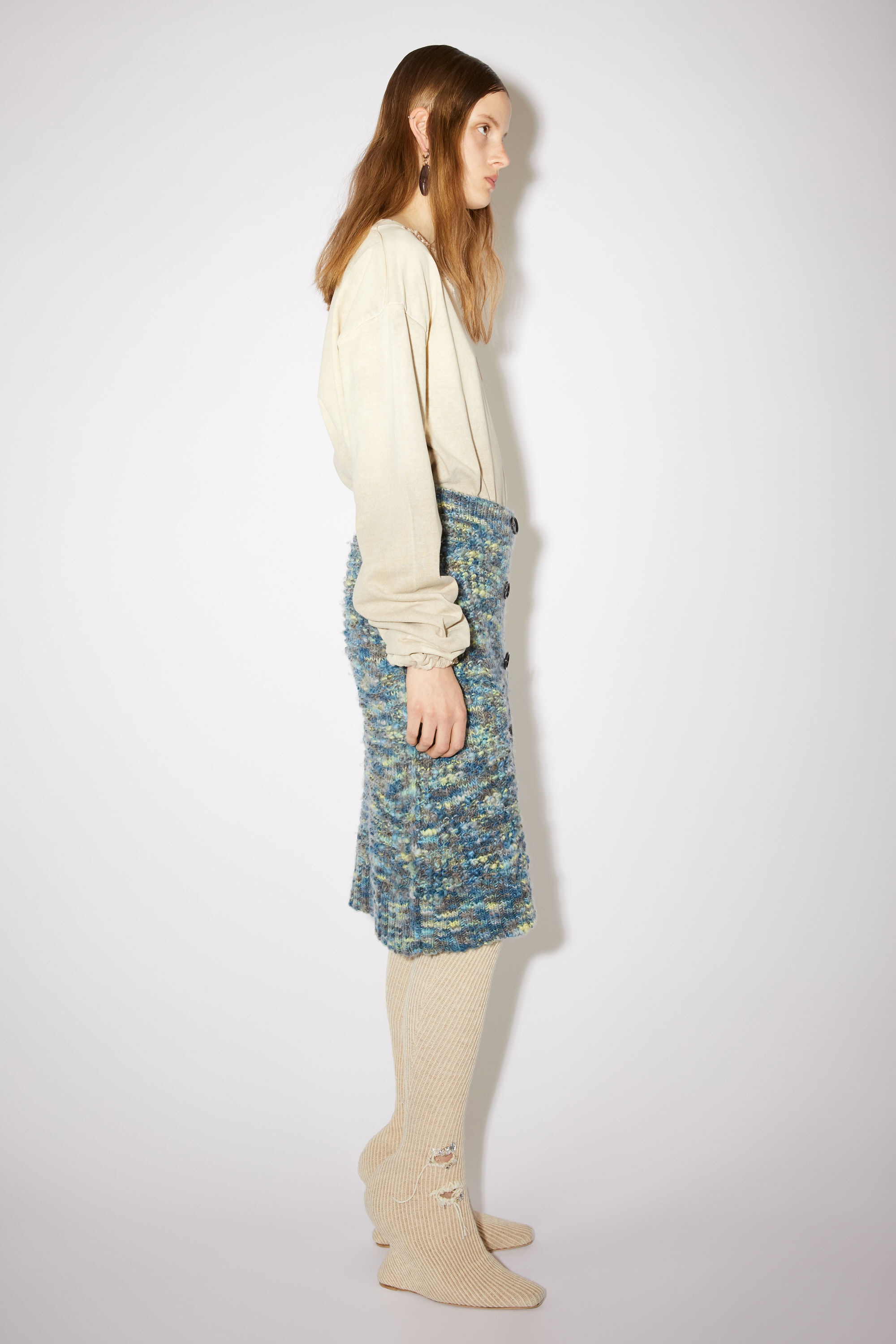 Button down ribbed wool skirt - Blue/multi - 4