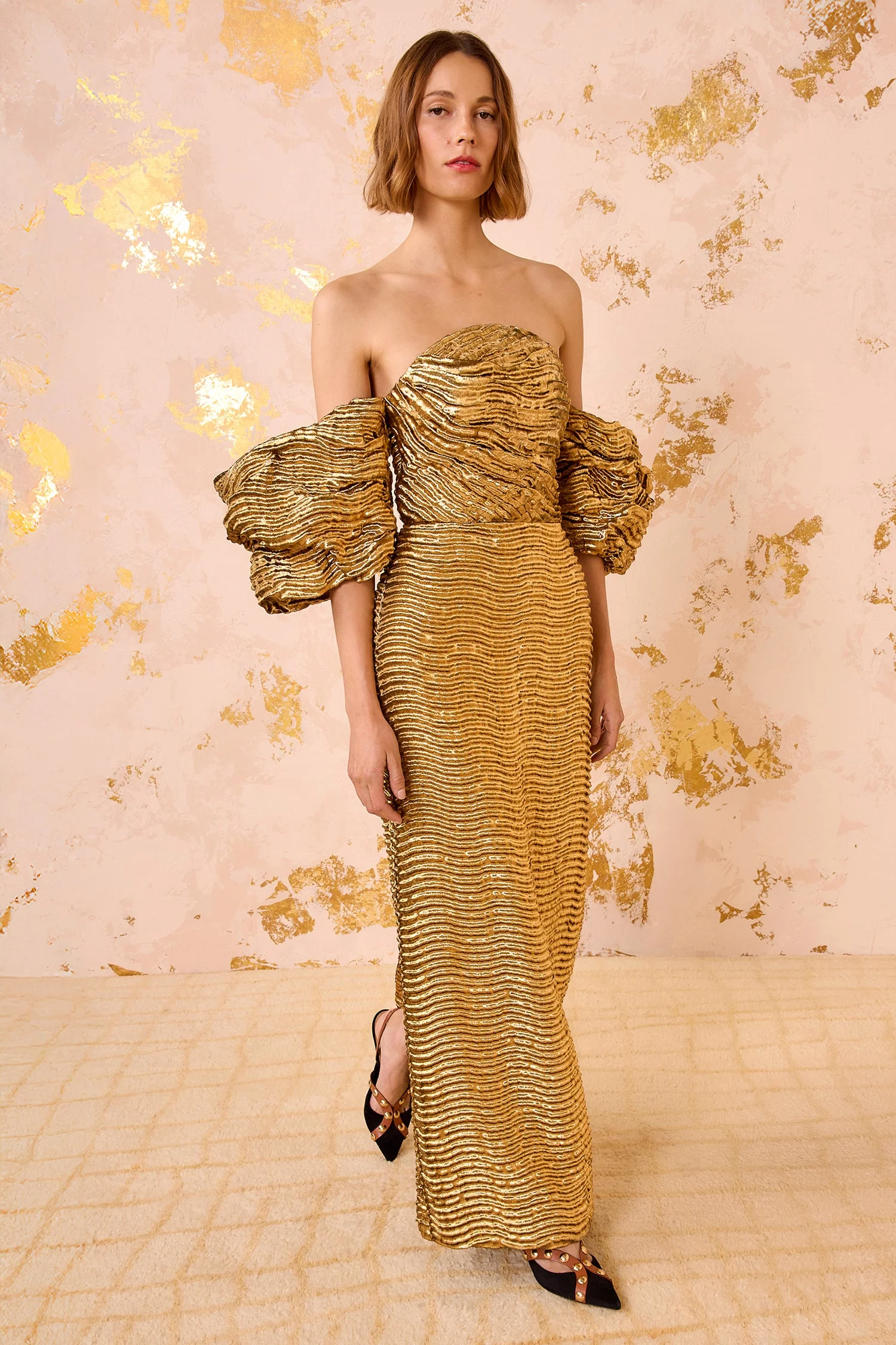 Nisha Metallic Draped Sleeve Gown - 1