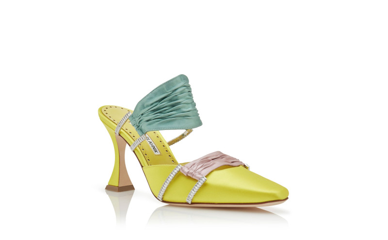 Yellow, Pink and Teal Satin Gathered Mules 3