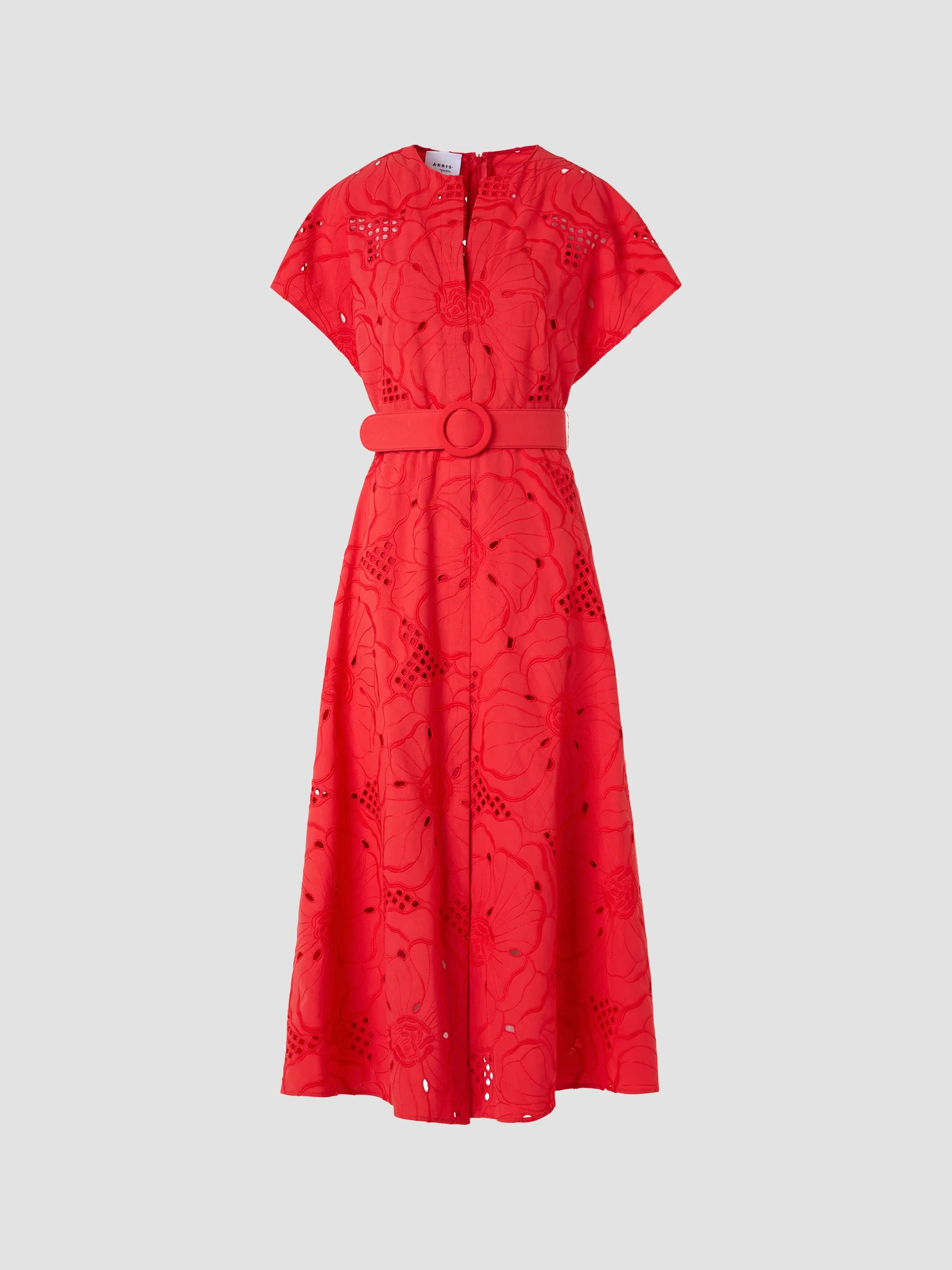 Women's Eyelet Embroidered Cotton Midi Dress - Red - 1