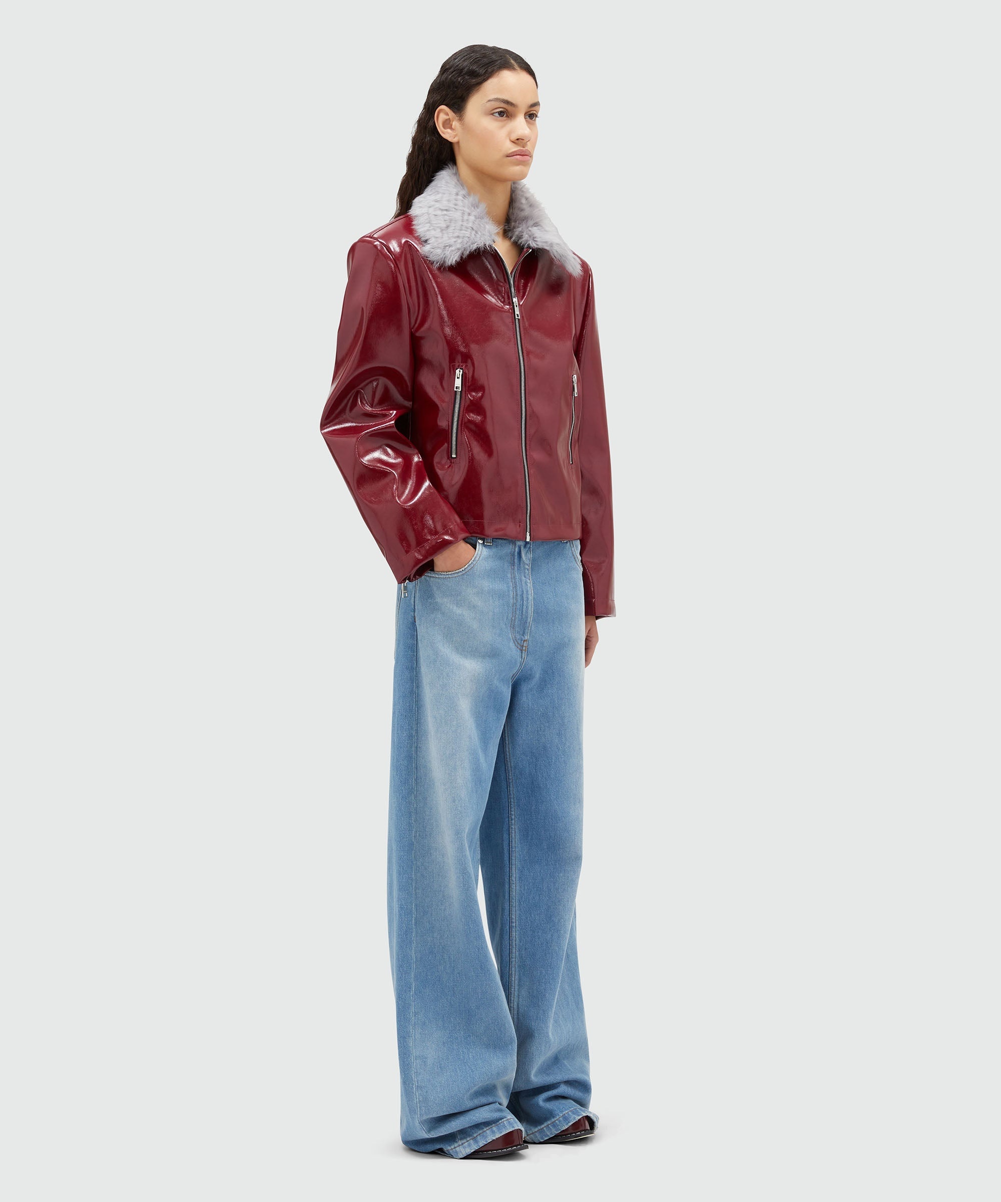 Patent leather jacket with removable faux-fur collar - 4