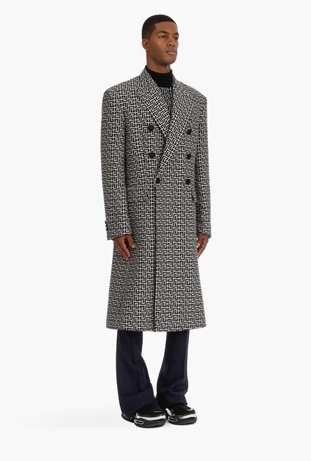 Bicolor ivory and black double-breasted coat with Balmain monogram - 7