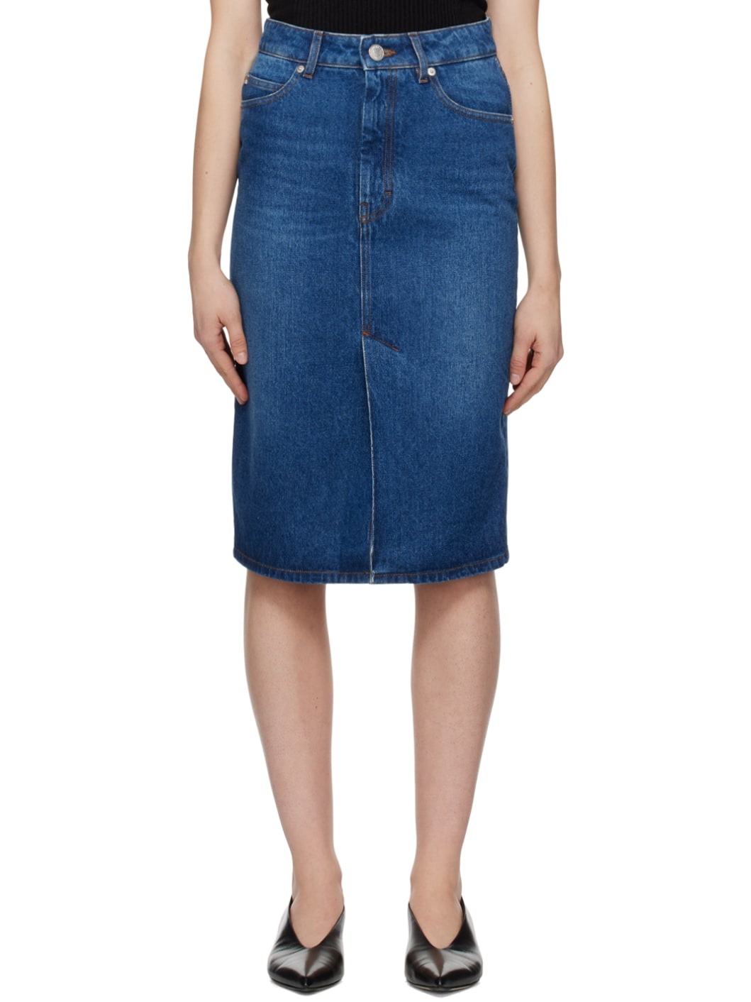Blue Faded Denim Midi Skirt - 1