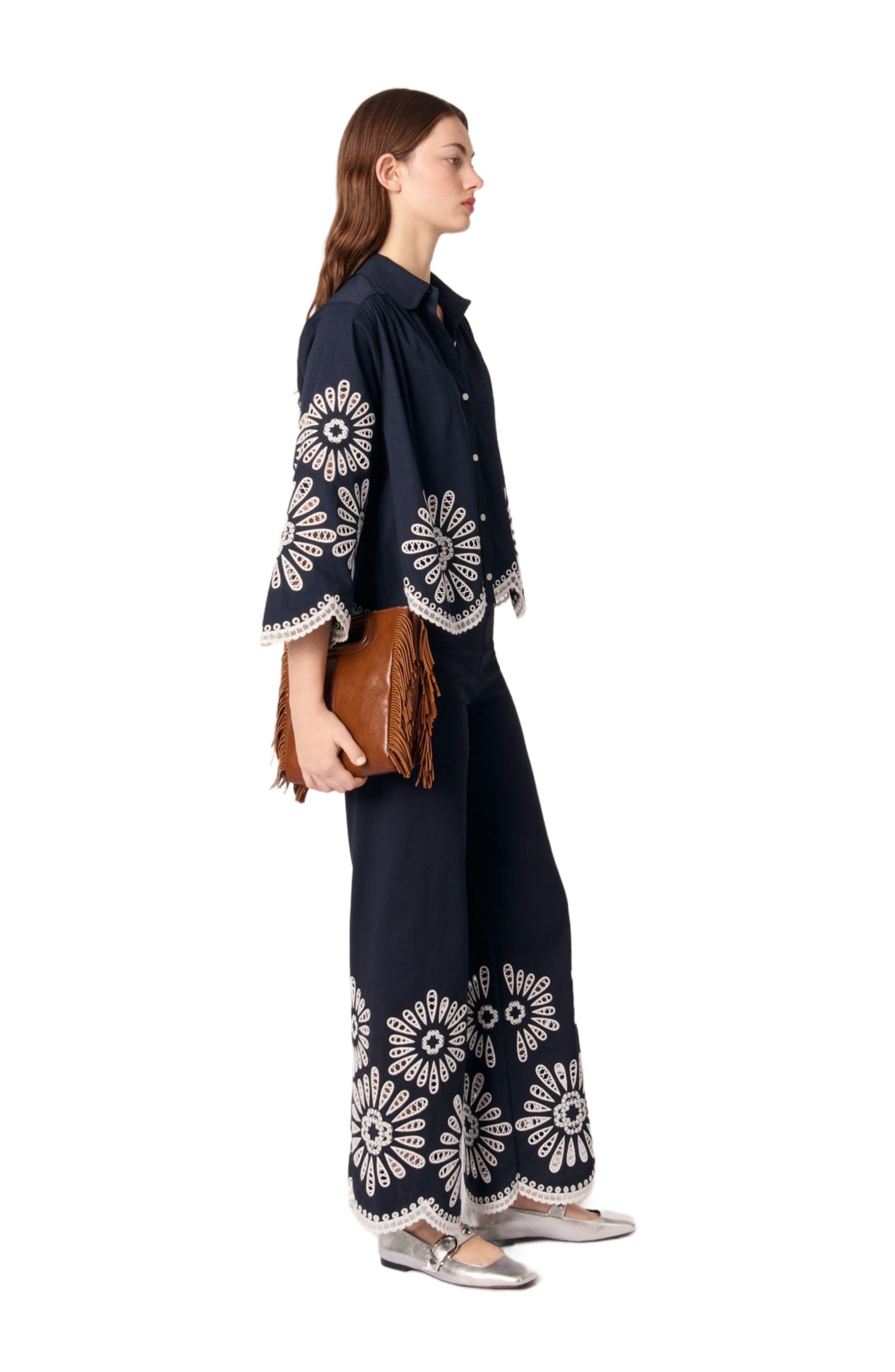 maje Cropped shirt with crochet detail in Navy at Nordstrom - 4